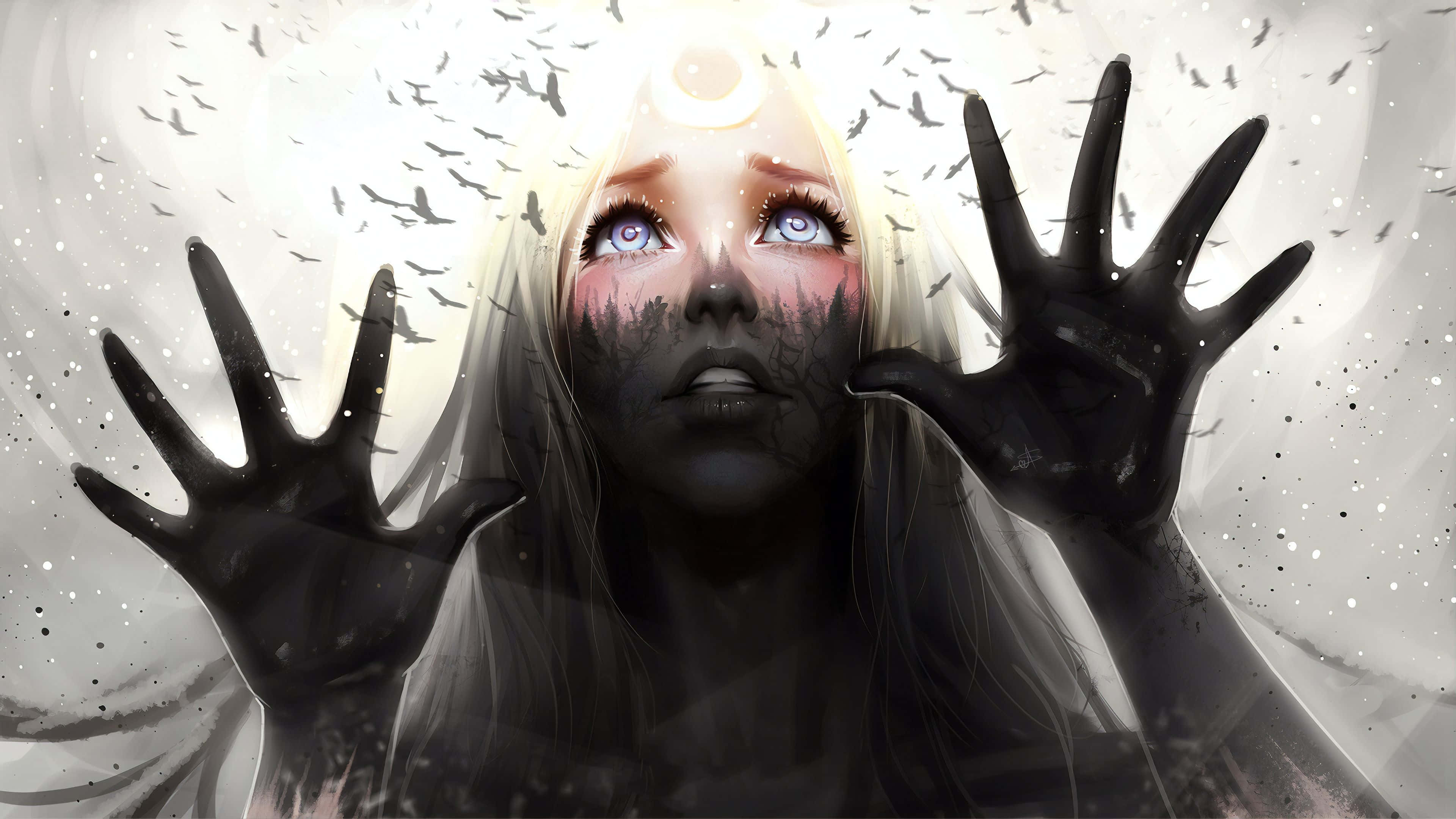 Mysterious Cyberspace Portal Wallpaper, pale woman, glowing eyes, 4K Desktop Wallpaper