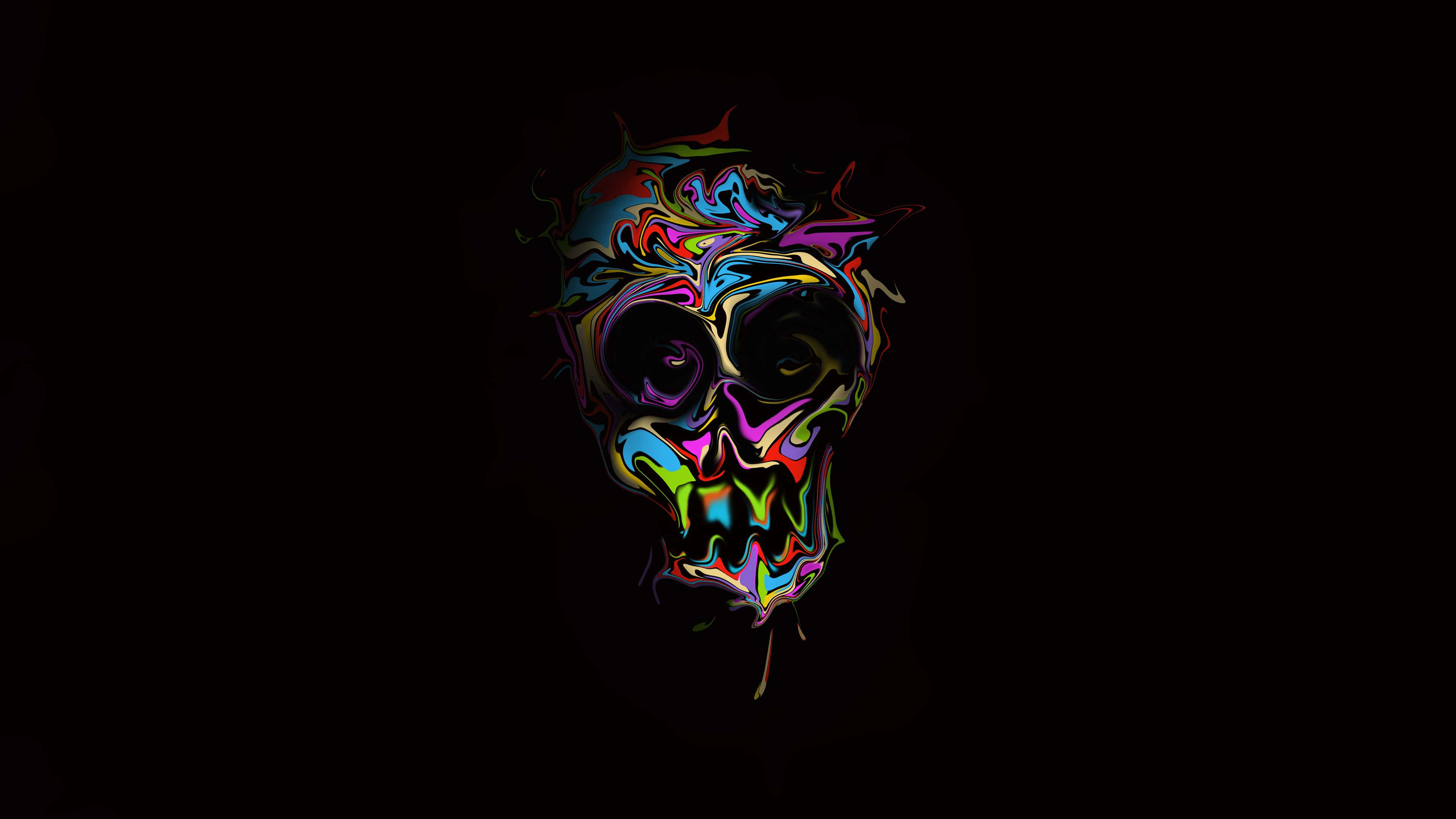 psychedelic skull, swirling rainbow colors, stark black background, 4K Desktop Wallpaper