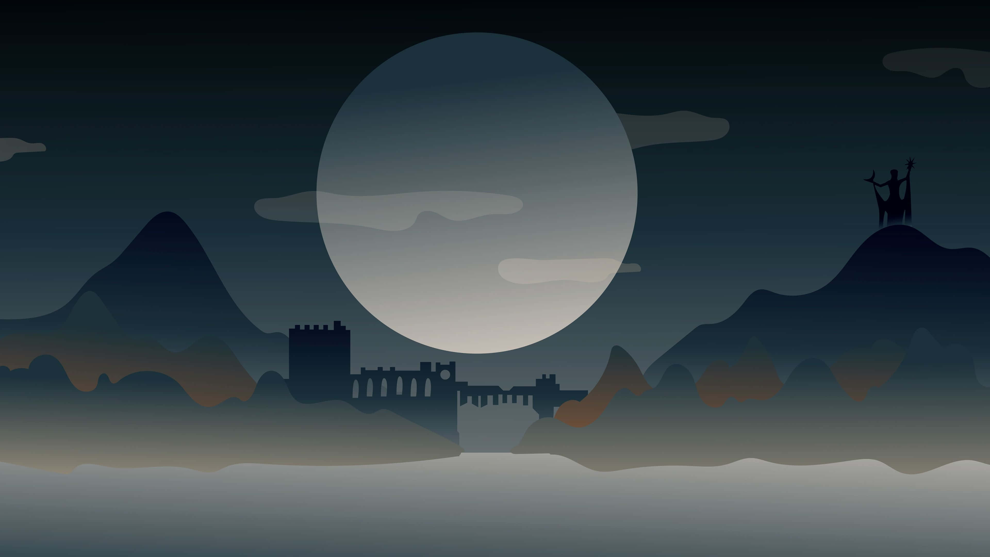 mountain peak, massive moon, ancient ruins, 4K Desktop Wallpaper