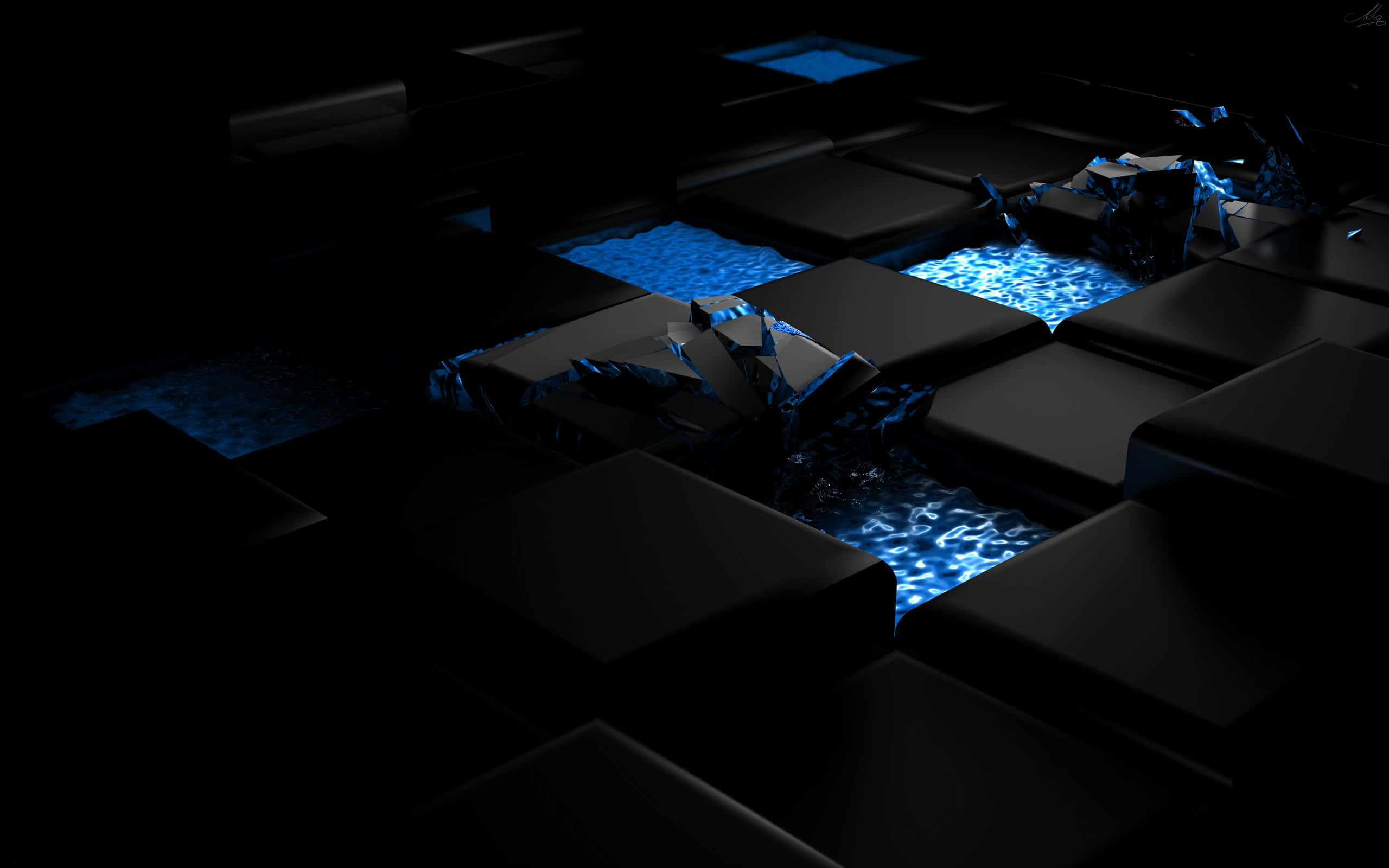 Mystical Cosmic Entity, glowing blue liquid, dark geometric blocks, 2K Desktop Wallpaper