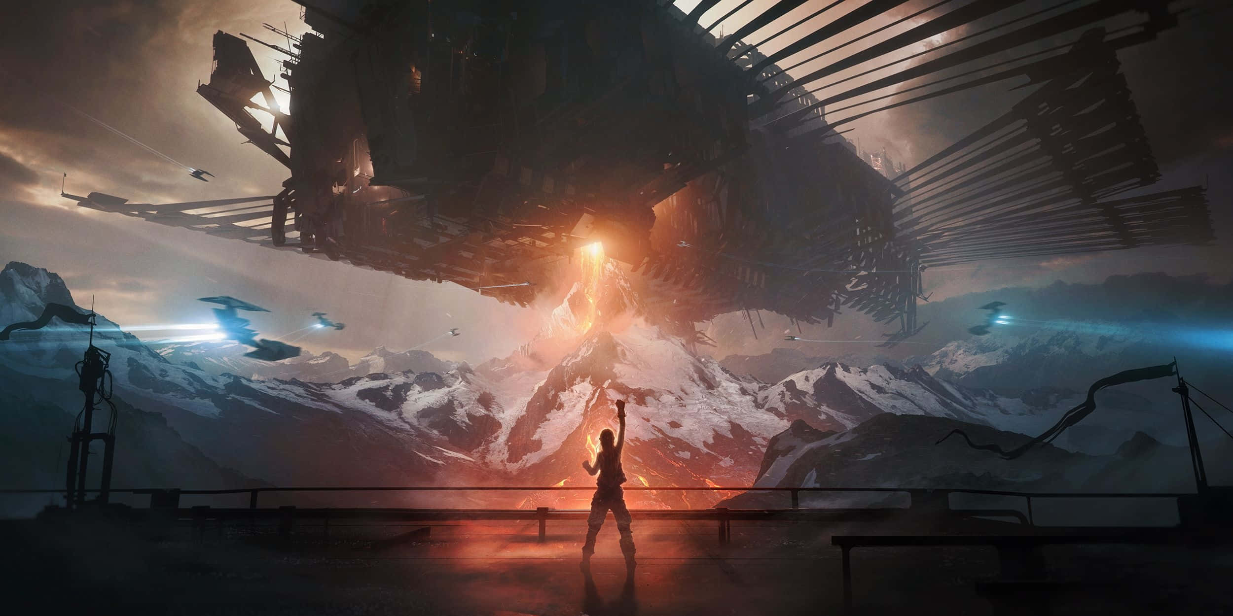 snowy mountain peak, colossal floating ruin, lone figure, Full HD Desktop Wallpaper