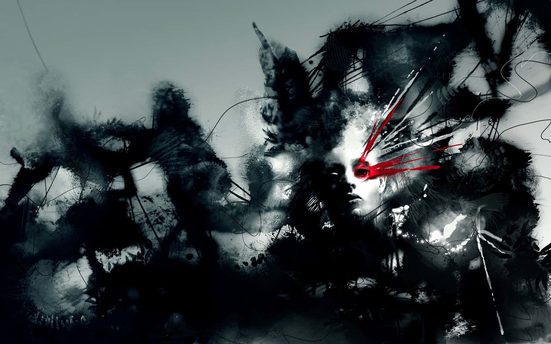 ghostly face, dark ink splatters, sharp red clock hands, Full HD Desktop Wallpaper