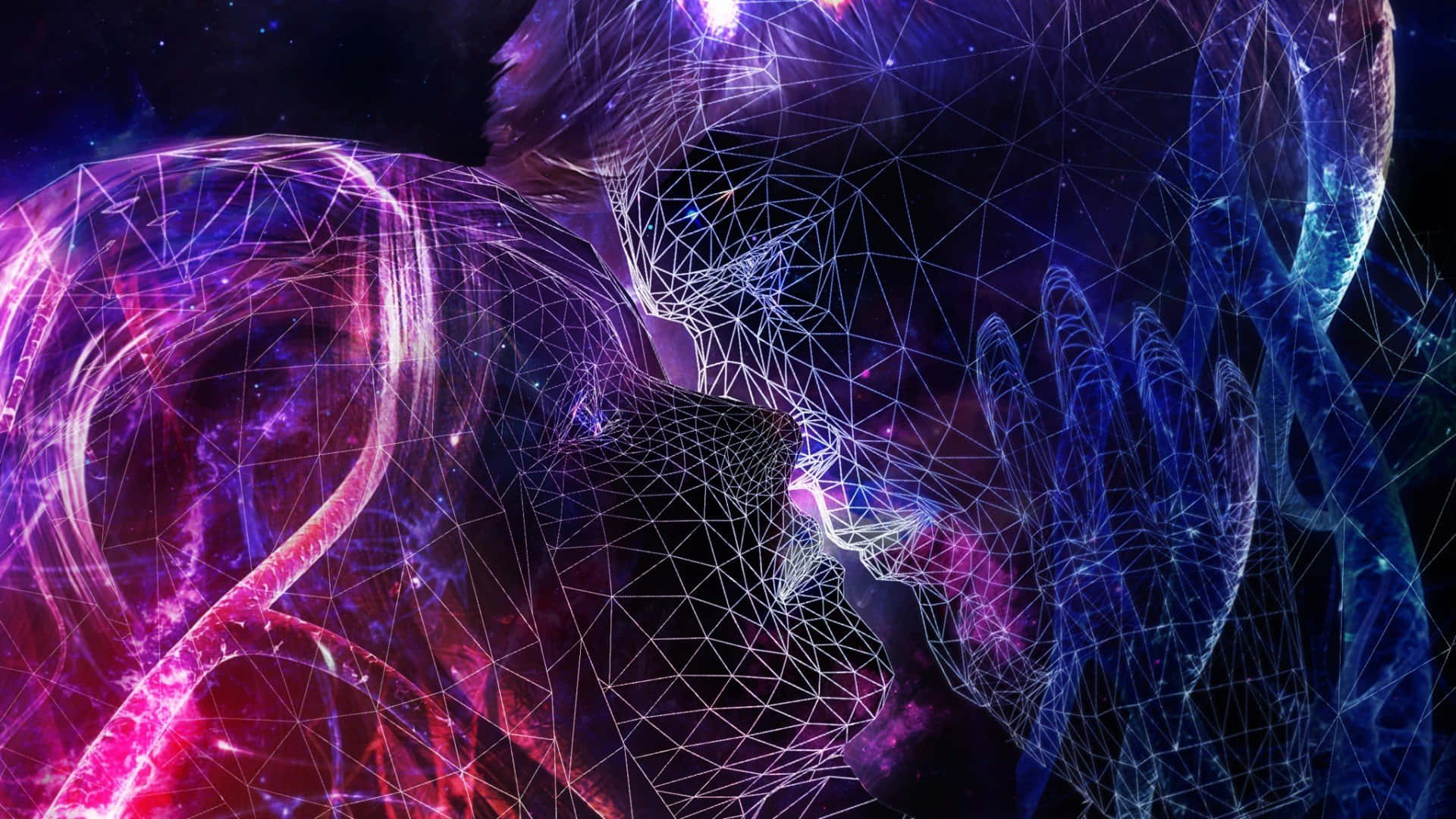 glowing wireframe couple, cosmic nebula, purple pink and blue light, Full HD Desktop Wallpaper