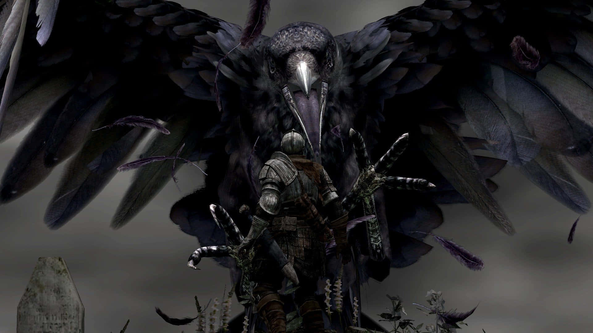 knight in dark armor, massive black crow with outstretched wings, gloomy graveyard, Full HD Desktop Wallpaper