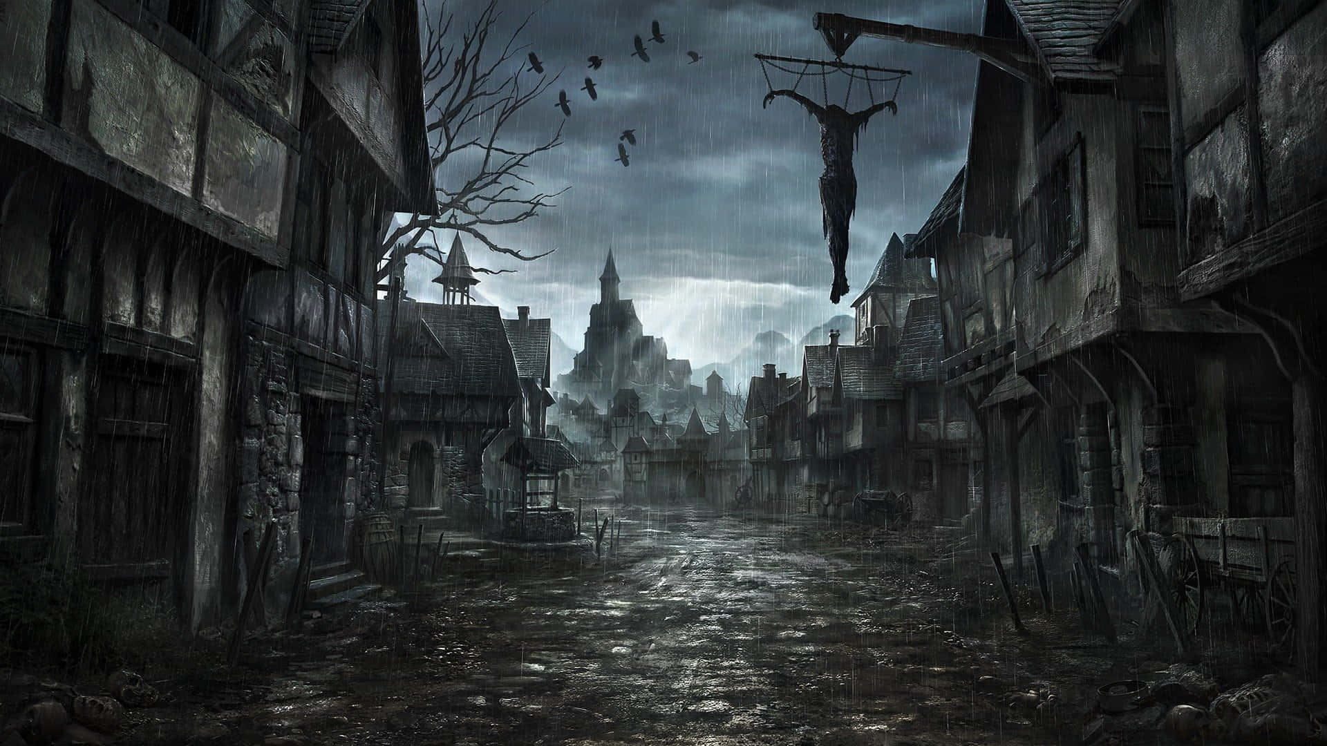 grim medieval village street, stormy skies, hanging corpse, Full HD Desktop Wallpaper