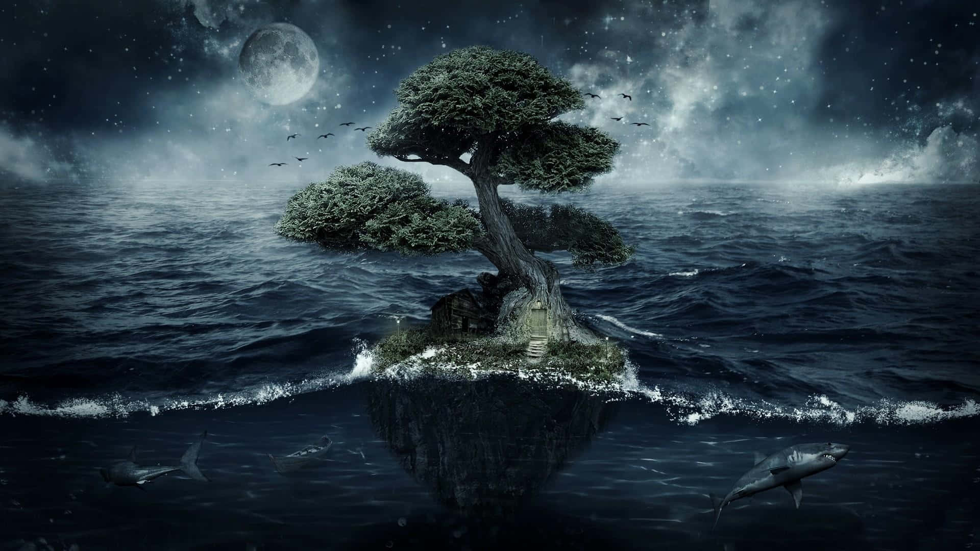 bonsai tree, floating island, stormy ocean, Full HD Desktop Wallpaper