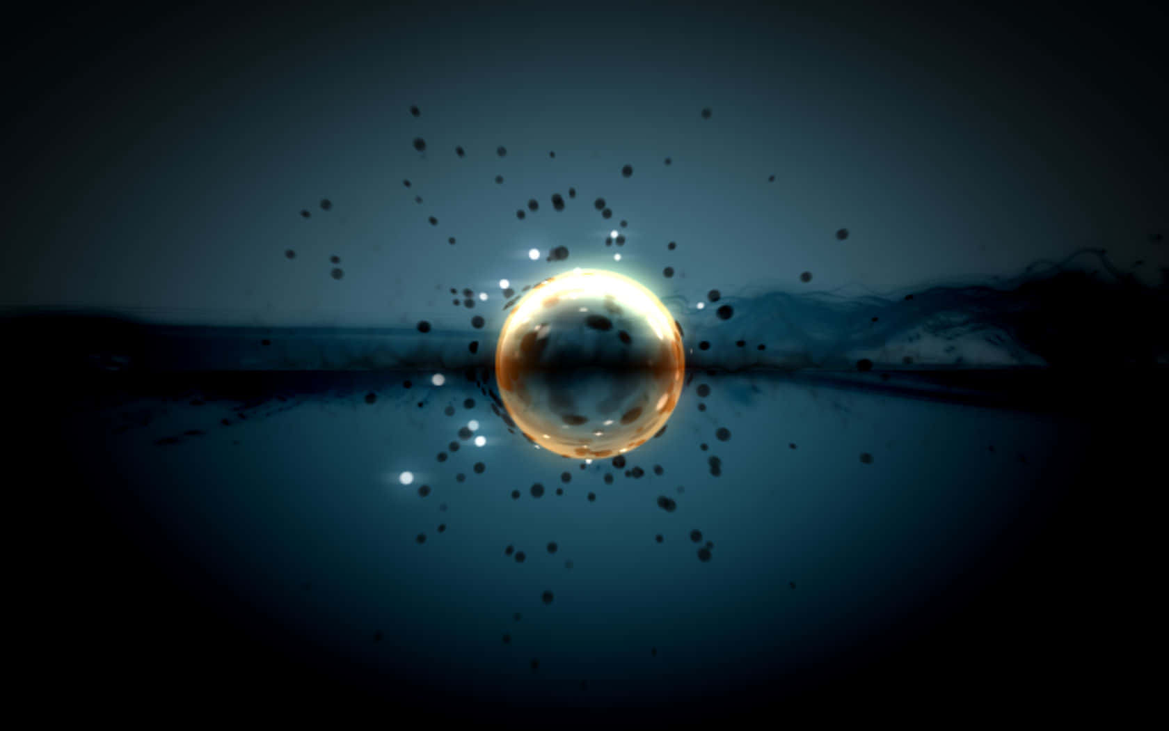 Dark Divinity, glowing golden orb, dark water surface, HD Desktop Wallpaper