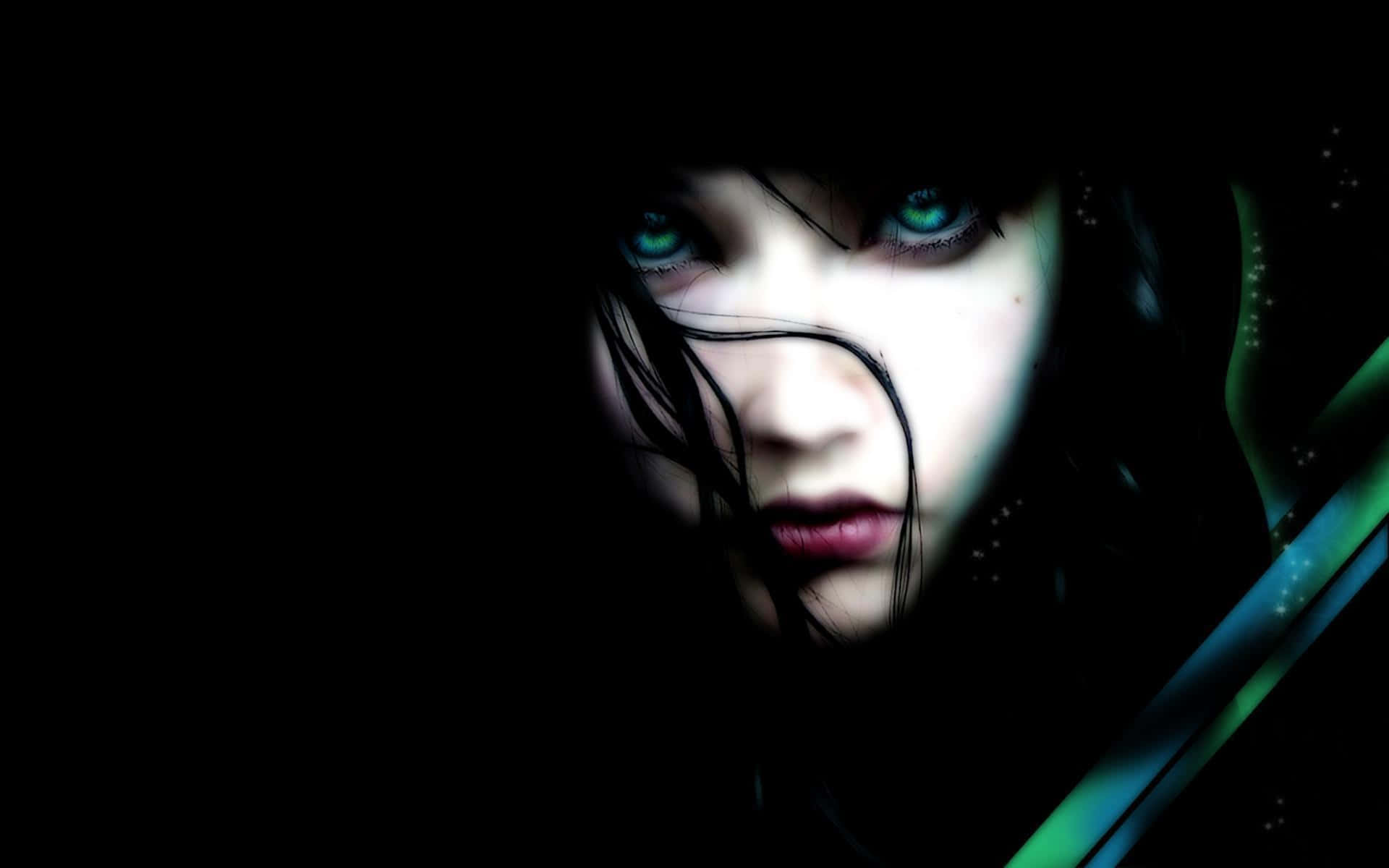 Dark Emo, glowing green eyes, dark hair, Full HD Desktop Wallpaper