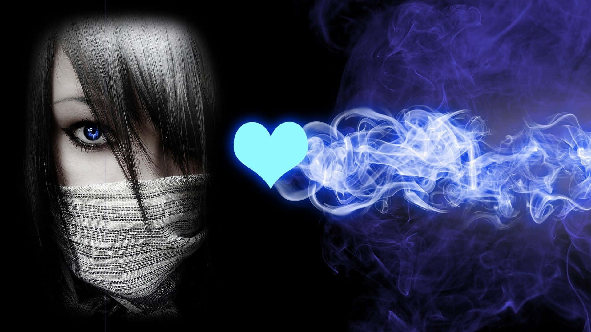Dark Emo, glowing blue eyes, vibrant blue smoke trail, Full HD Desktop Wallpaper
