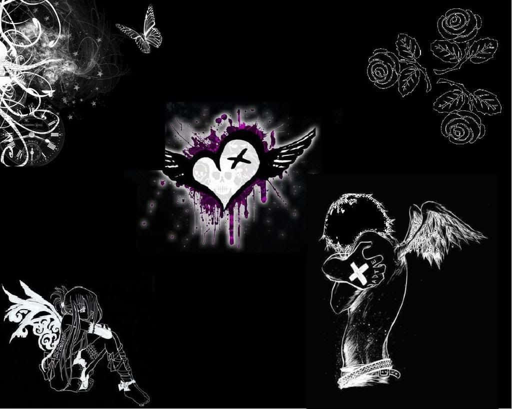 Dark Emo, white line-art angels, bleeding heart, SD Desktop Wallpaper