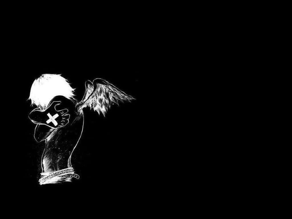 Dark Emo, winged figure, cross on their face, SD Desktop Wallpaper