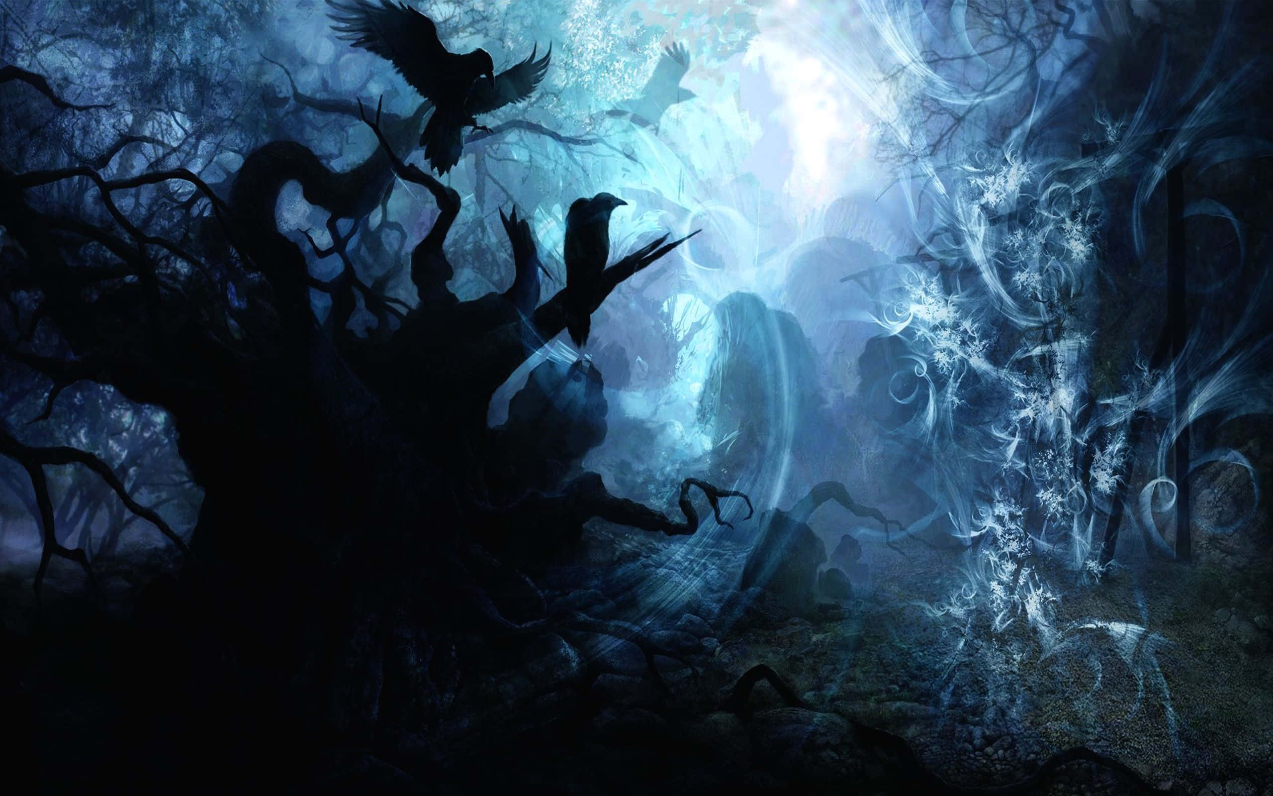 Mystical forest, Night, Glowing blue energy, 2K Desktop Wallpaper