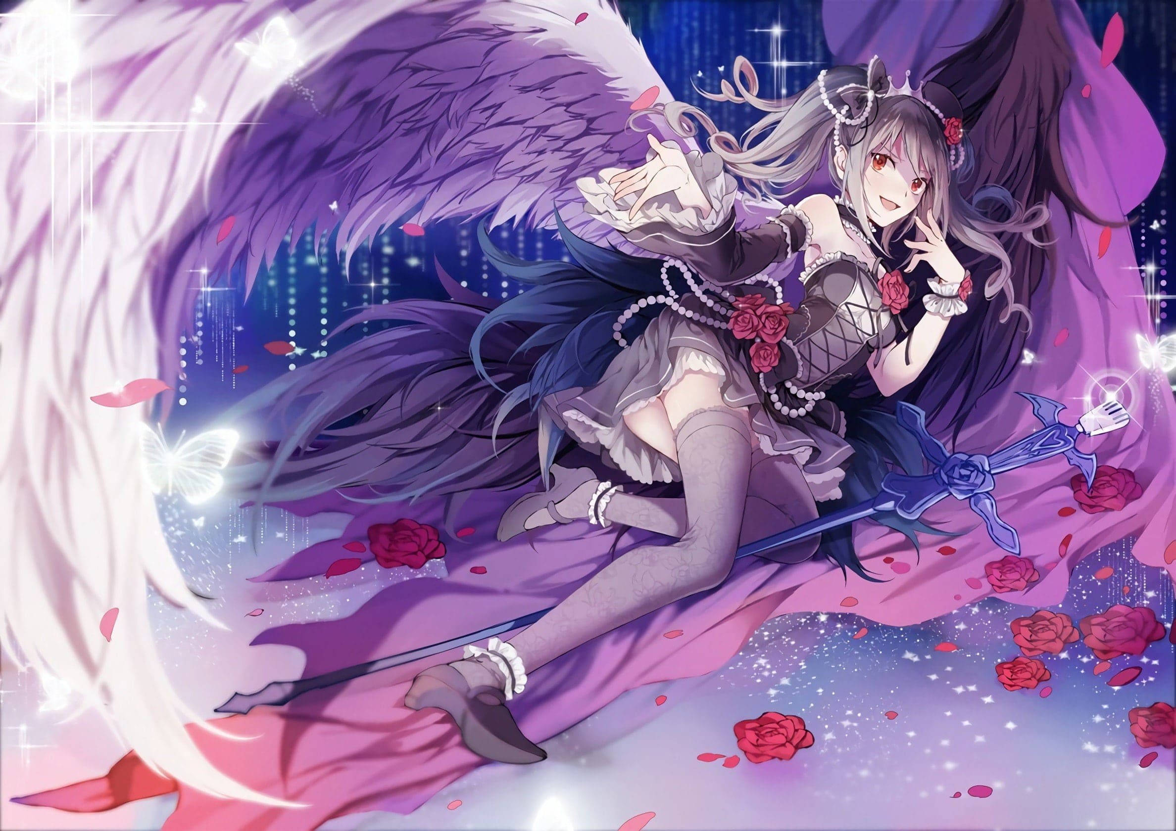 anime girl, dual purple and white wings, falling red roses, Full HD Desktop Wallpaper