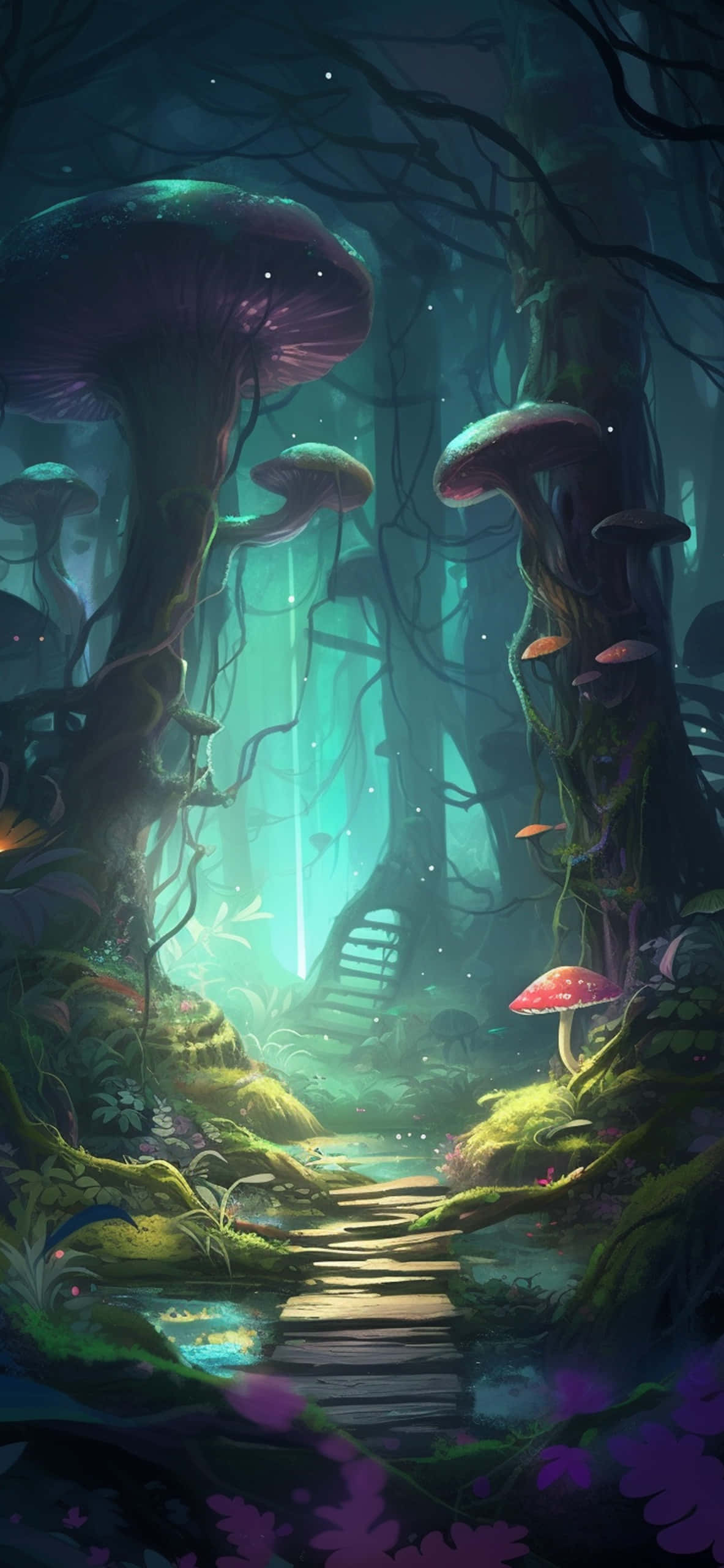 enchanted forest pathway, giant glowing mushrooms, starry canopy, 2K Phone Wallpaper
