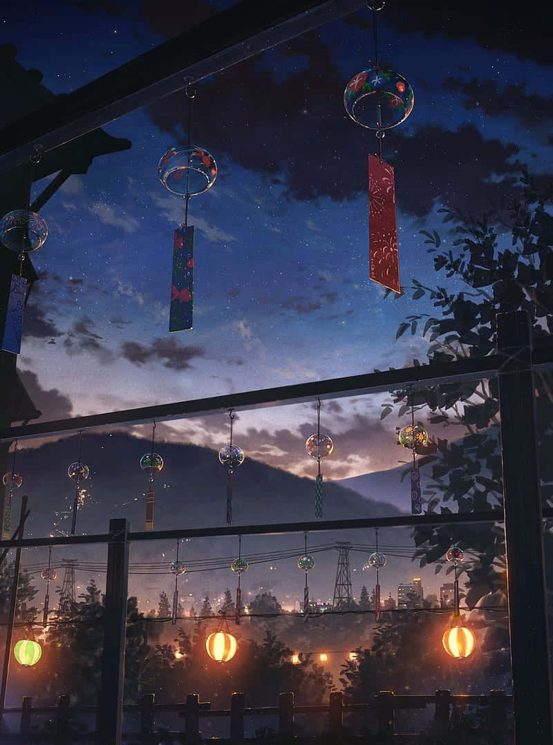 dark anime scenery, stringed lanterns, starry twilight sky, SD Phone Wallpaper