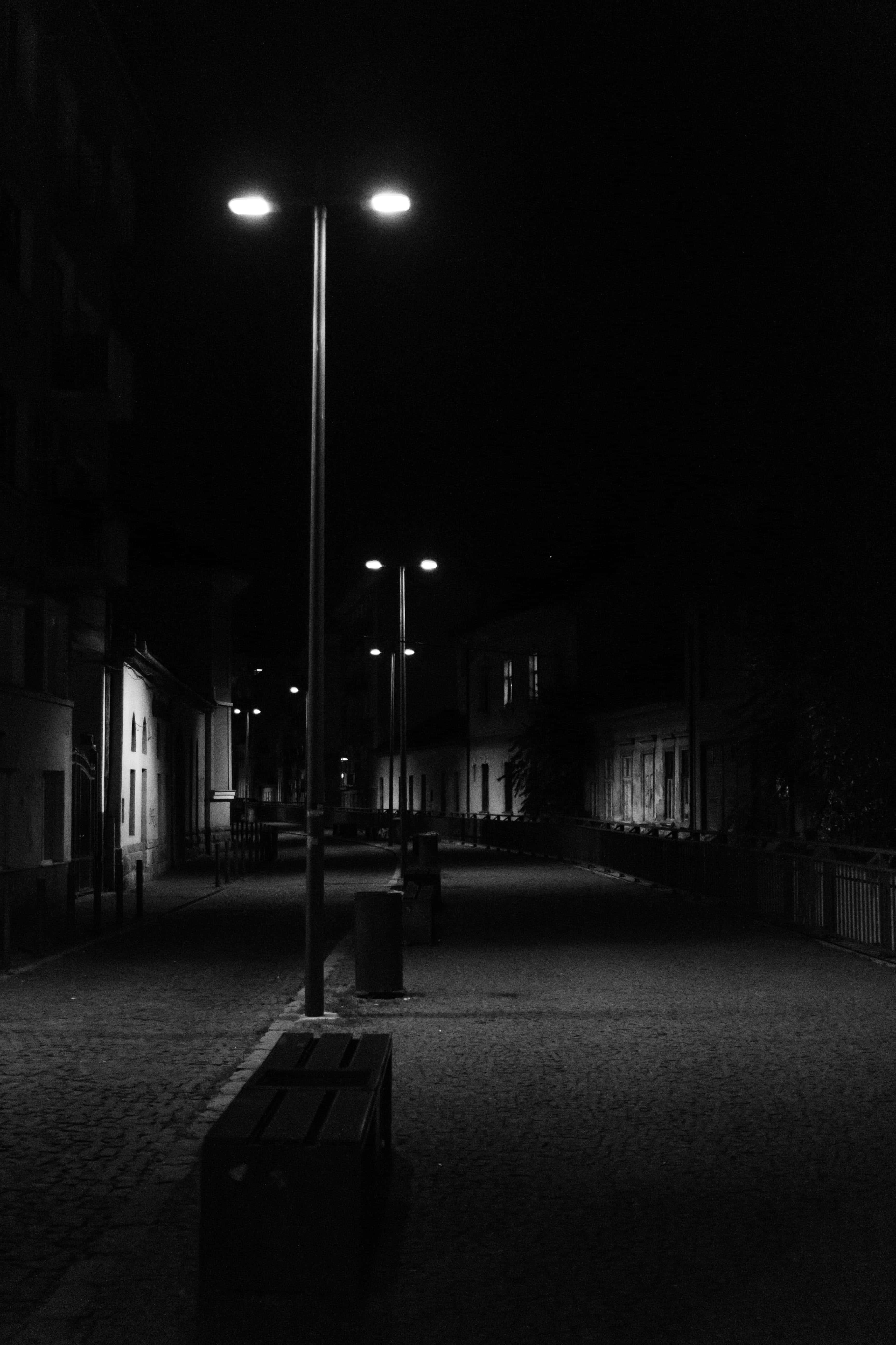 Dark Fall Aesthetic, nighttime street, sparse streetlights, 5K Phone Wallpaper