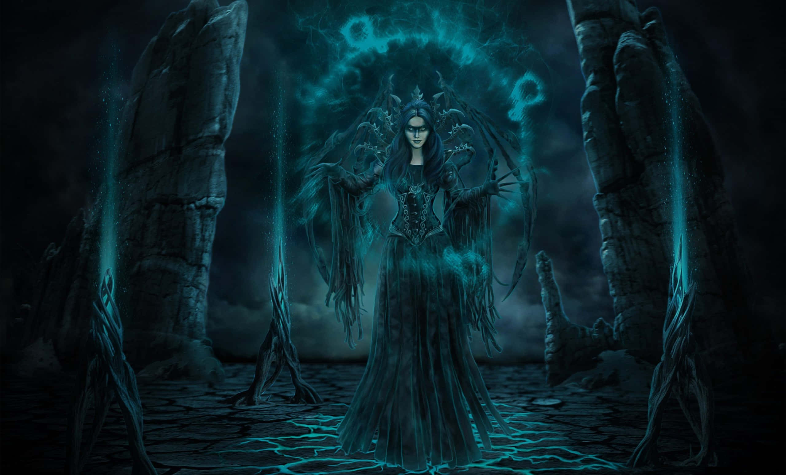 Dark Fantasy, witch, glowing blue wings, 2K Desktop Wallpaper