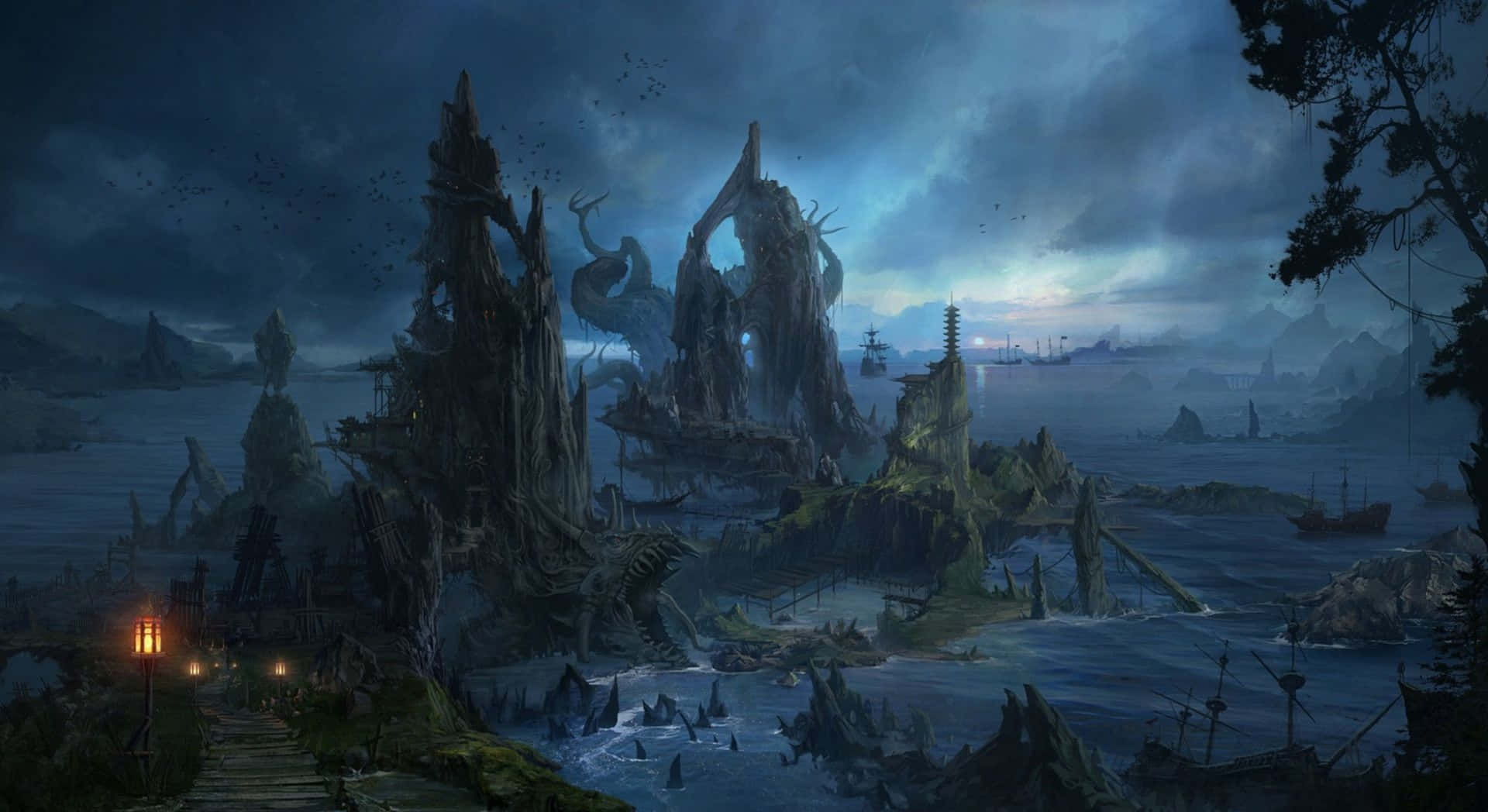 Dark Fantasy, coastal scene, crumbling ruins, Full HD Desktop Wallpaper