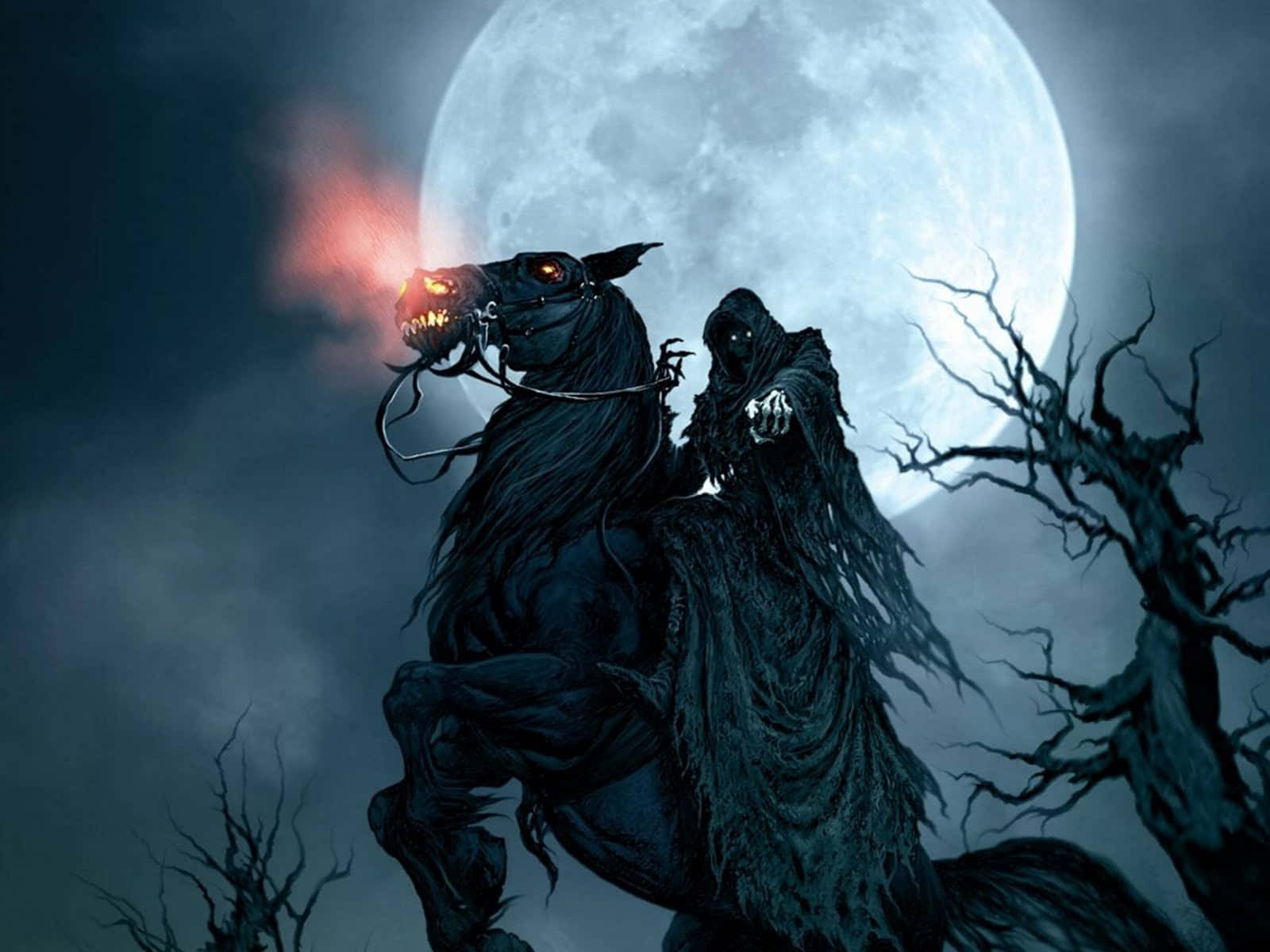 hooded rider, black horse, glowing eyes, HD Desktop Wallpaper