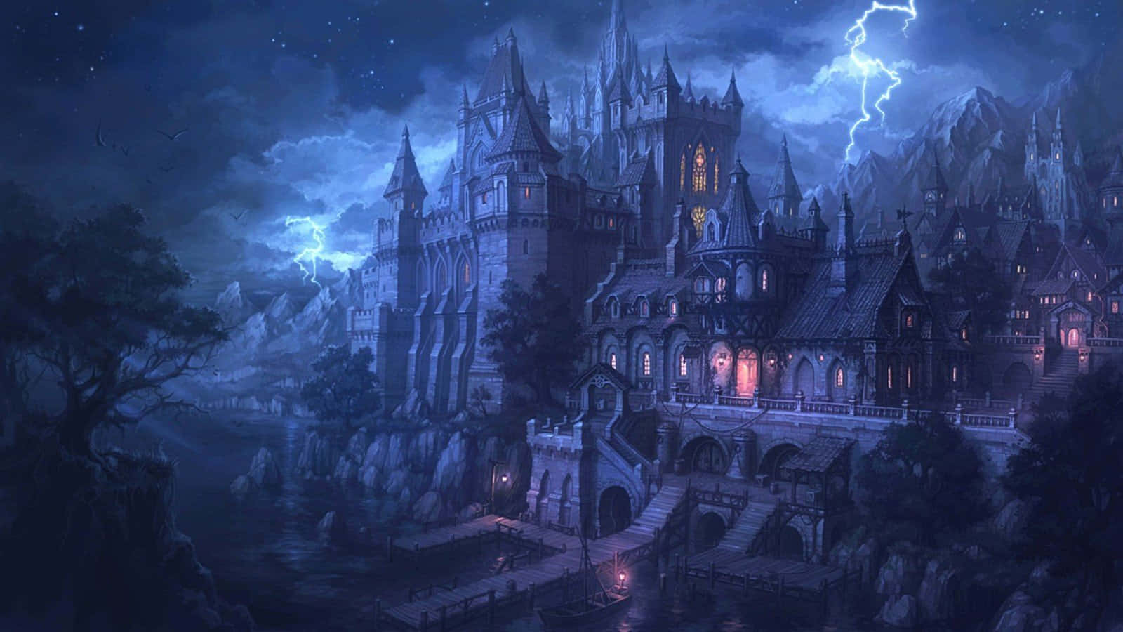 gothic castle, cliffside, stormy night sky, HD Desktop Wallpaper