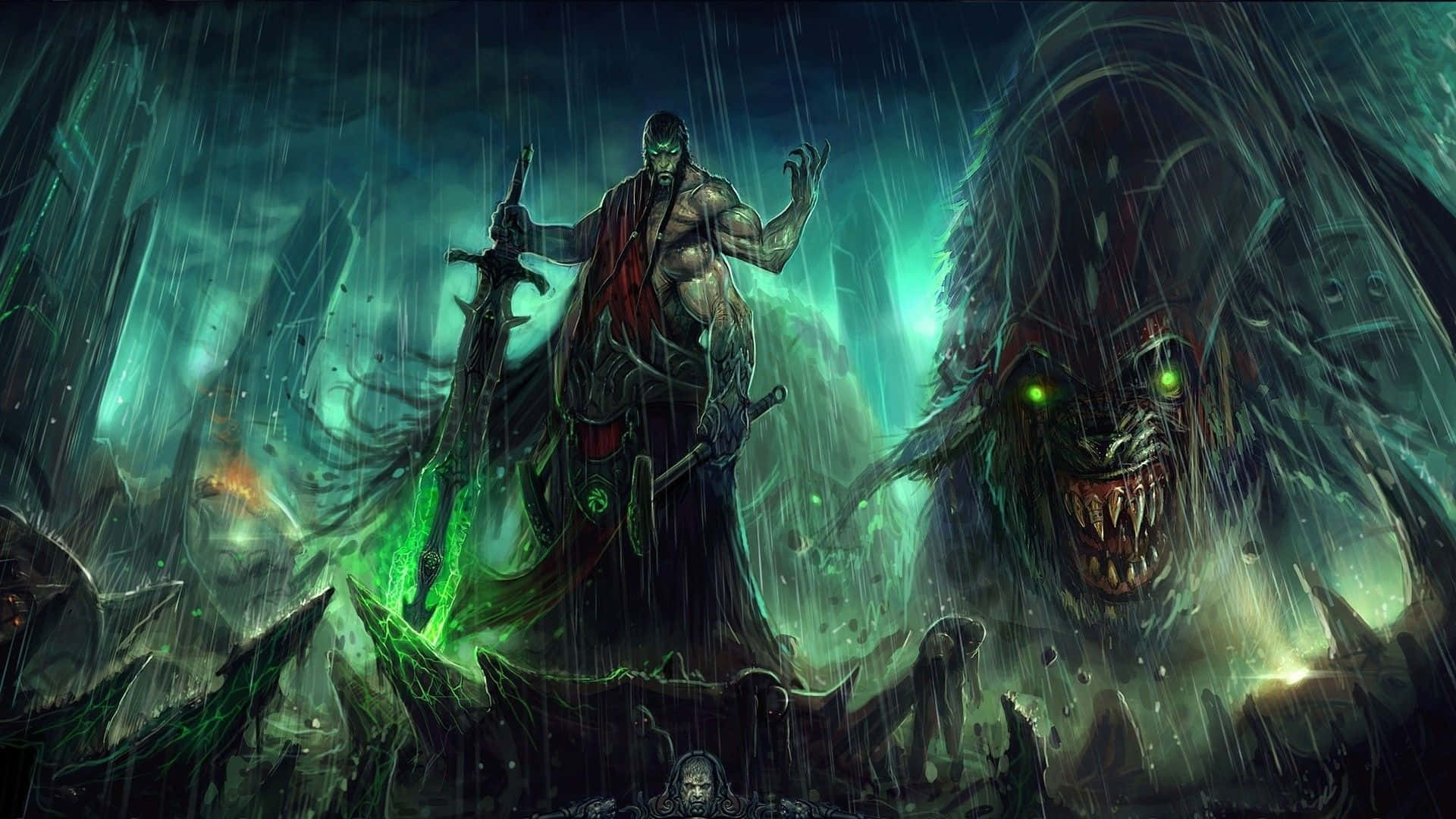 dark fantasy, glowing green sword, stormy, ruined landscape, Full HD Desktop Wallpaper
