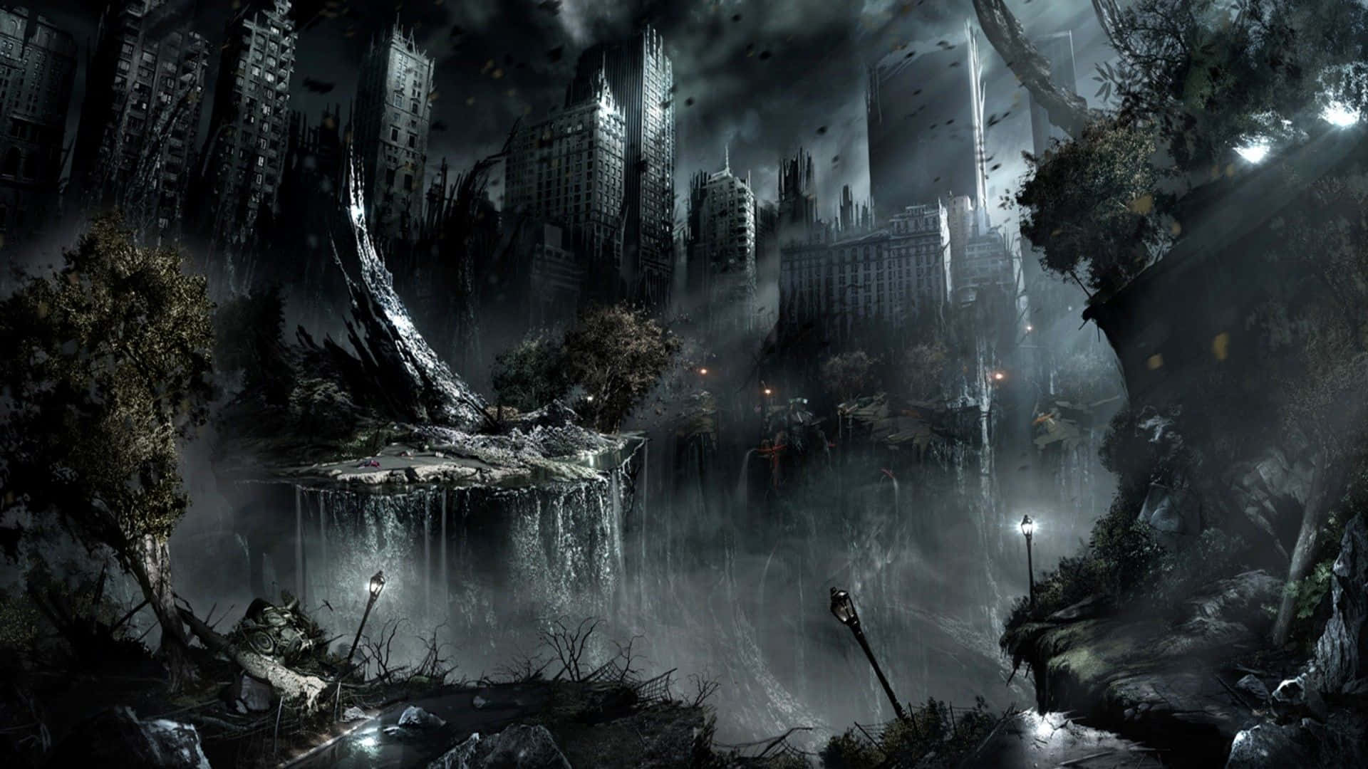 ruined cityscape, crumbling skyscrapers, overgrown nature, Full HD Desktop Wallpaper