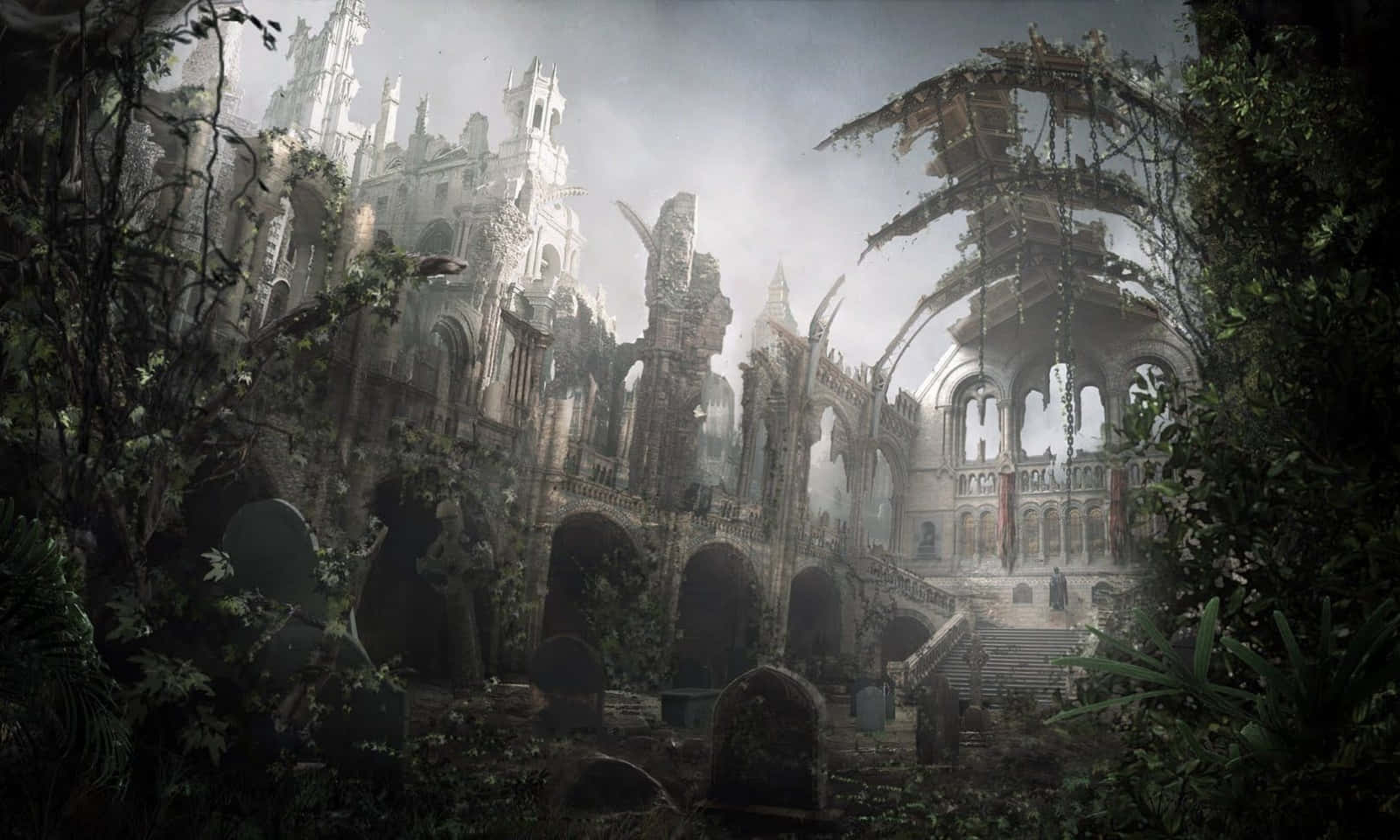 gothic cathedral, ruin, overgrown vines, HD Desktop Wallpaper