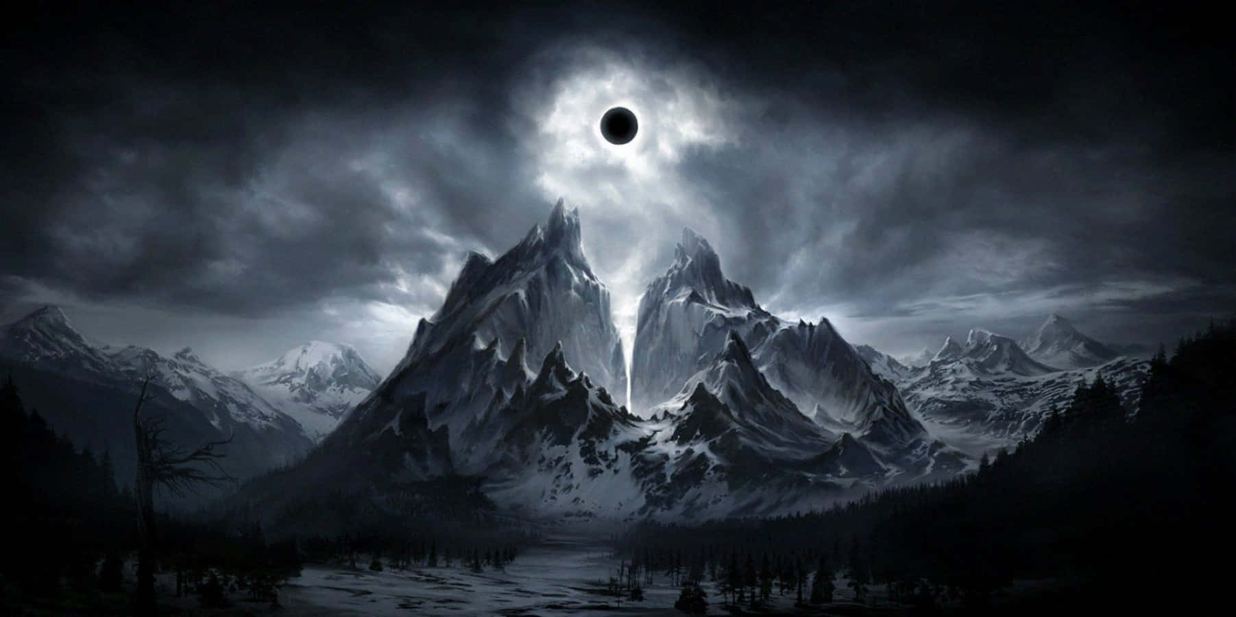 dark fantasy, mountain range, dark sky, HD Desktop Wallpaper