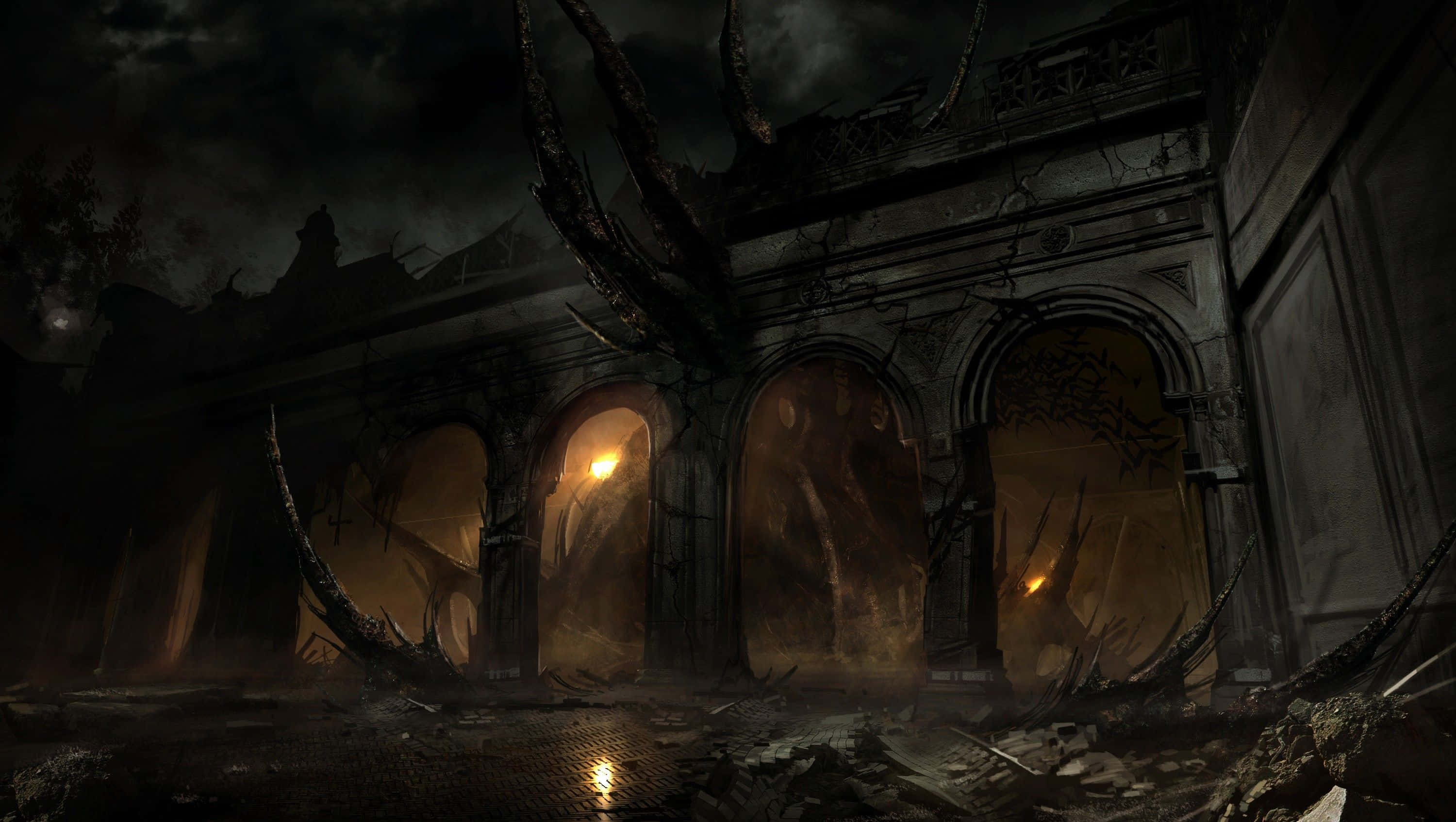 Dark Fantasy, gothic ruin, twisted organic growths, 2K Desktop Wallpaper