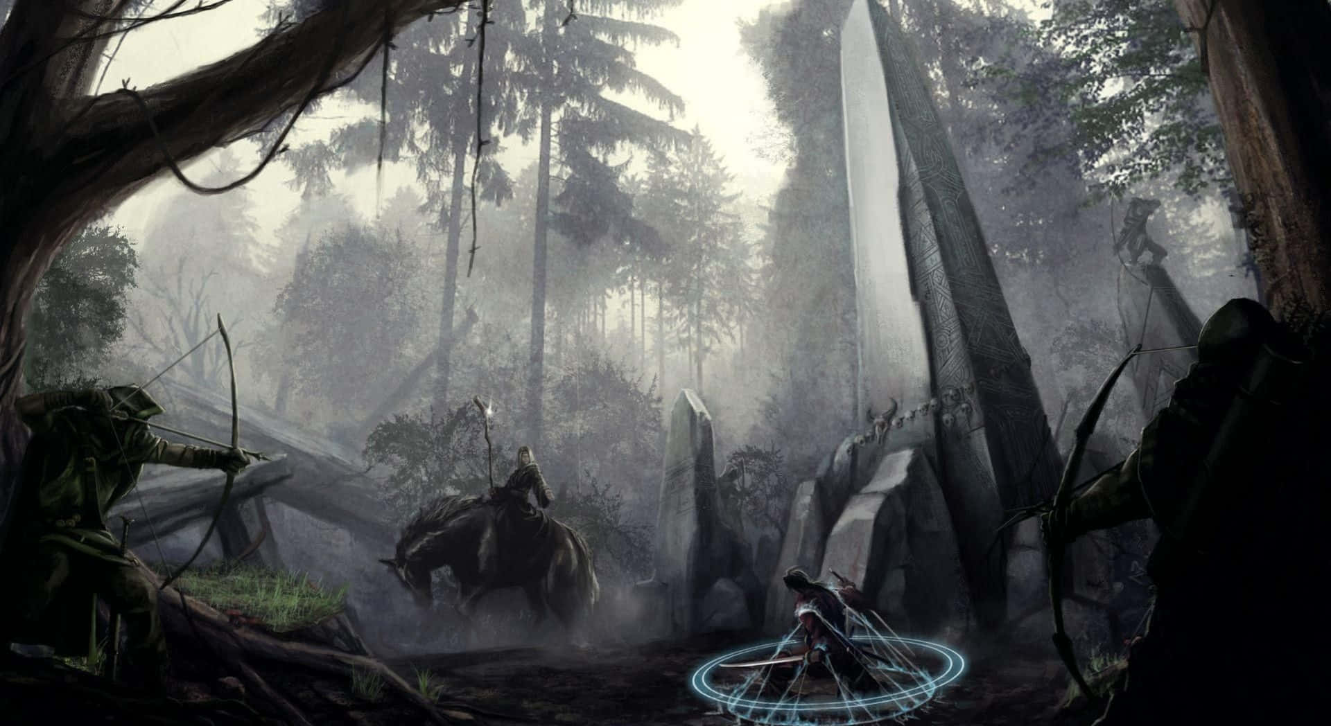 Dark Fantasy, misty forest, warriors on horseback, Full HD Desktop Wallpaper