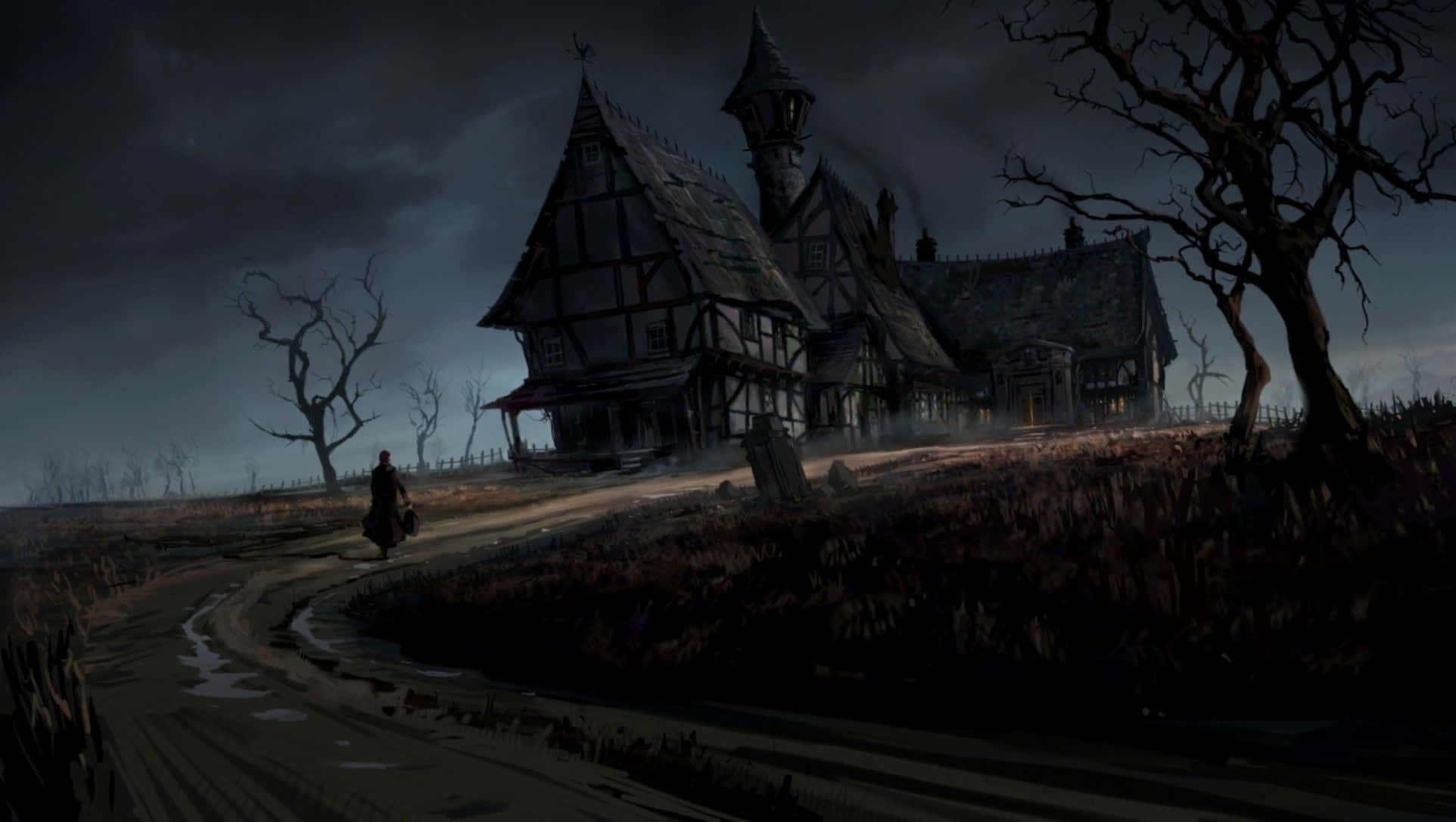 Dark Fantasy, haunted timber-framed house, stormy night sky, Full HD Desktop Wallpaper