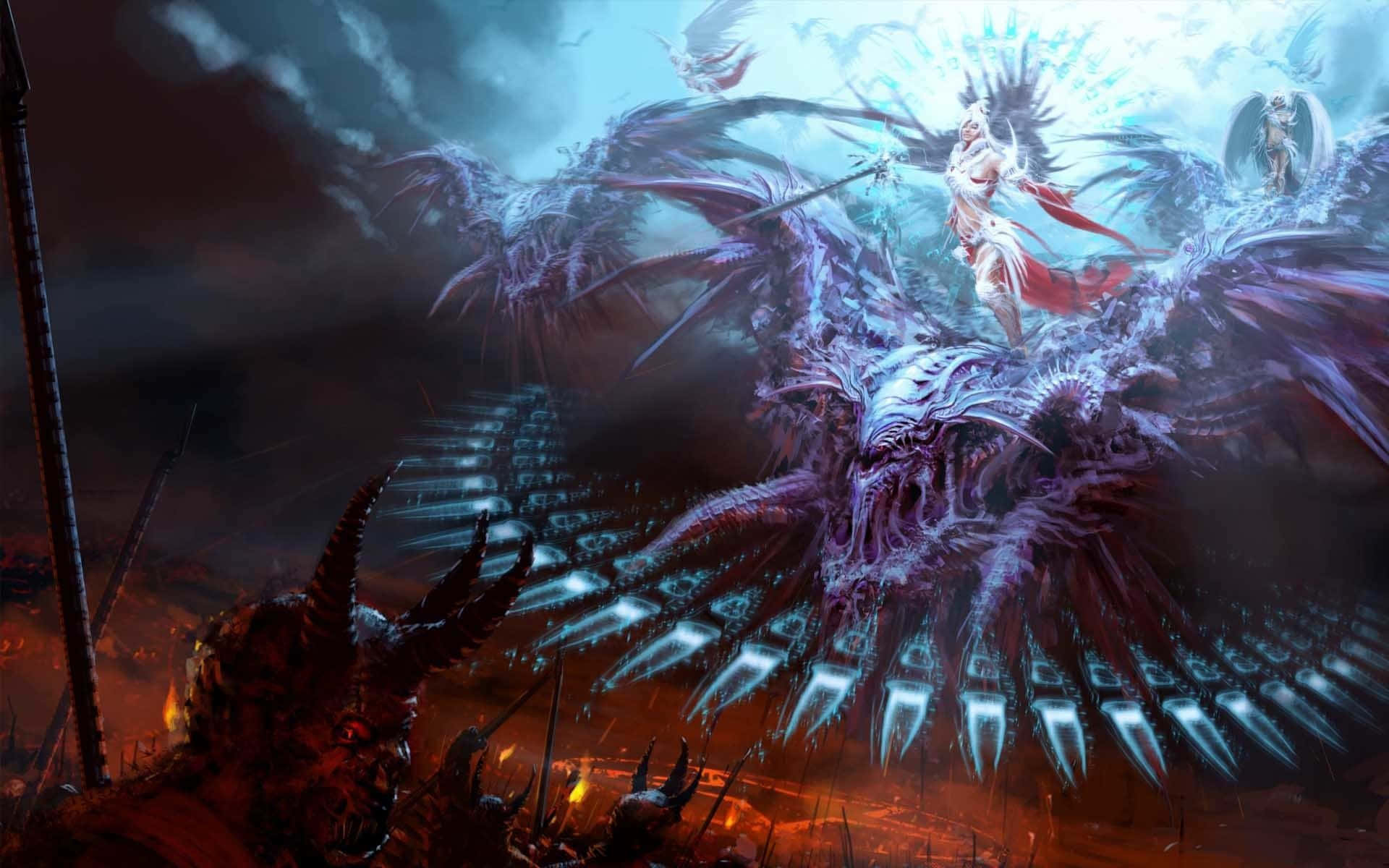 Dark Fantasy, angelic warrior, purple dragon, Full HD Desktop Wallpaper
