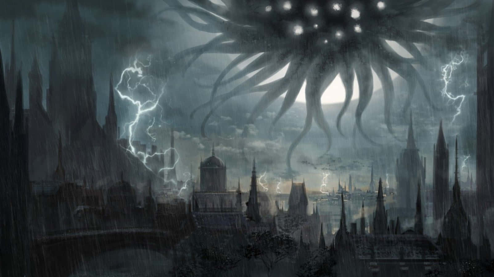 gothic cityscape, stormy sky, colossal cosmic entity, HD Desktop Wallpaper