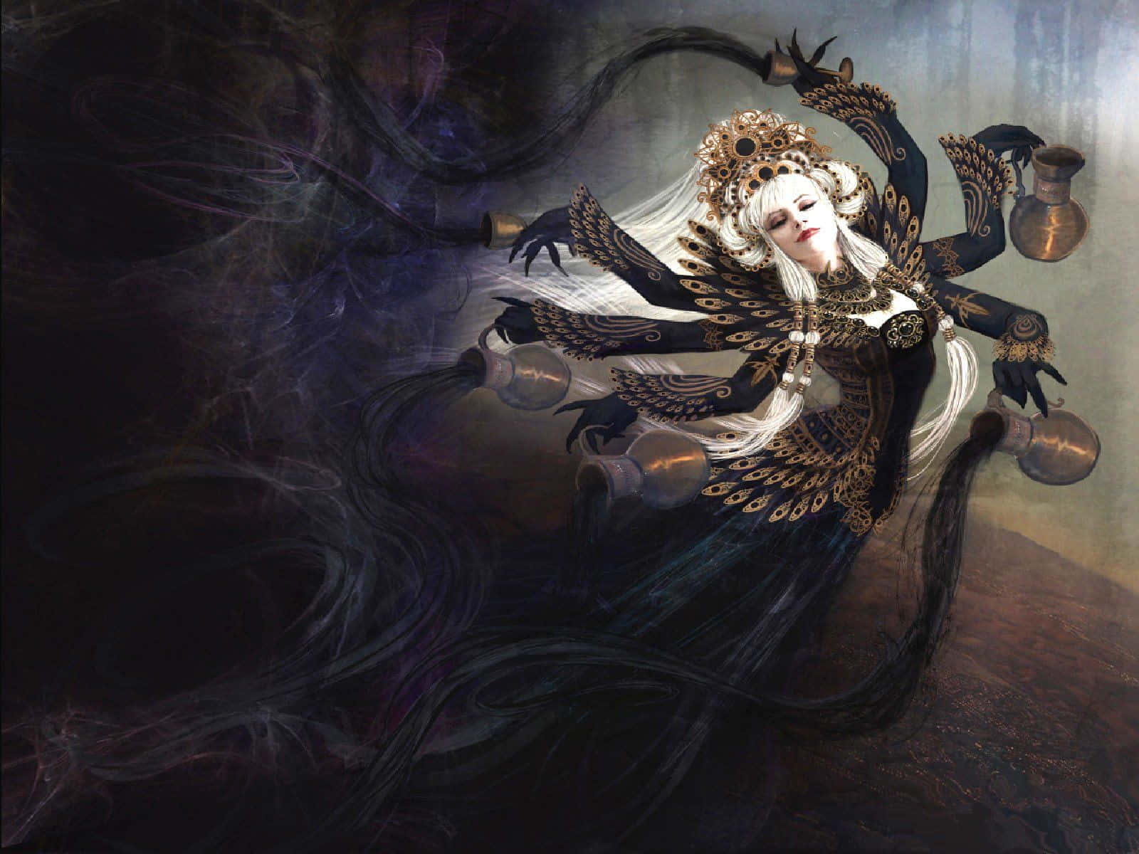 Dark Fantasy, multiple arms, ornate black and gold attire, HD Desktop Wallpaper