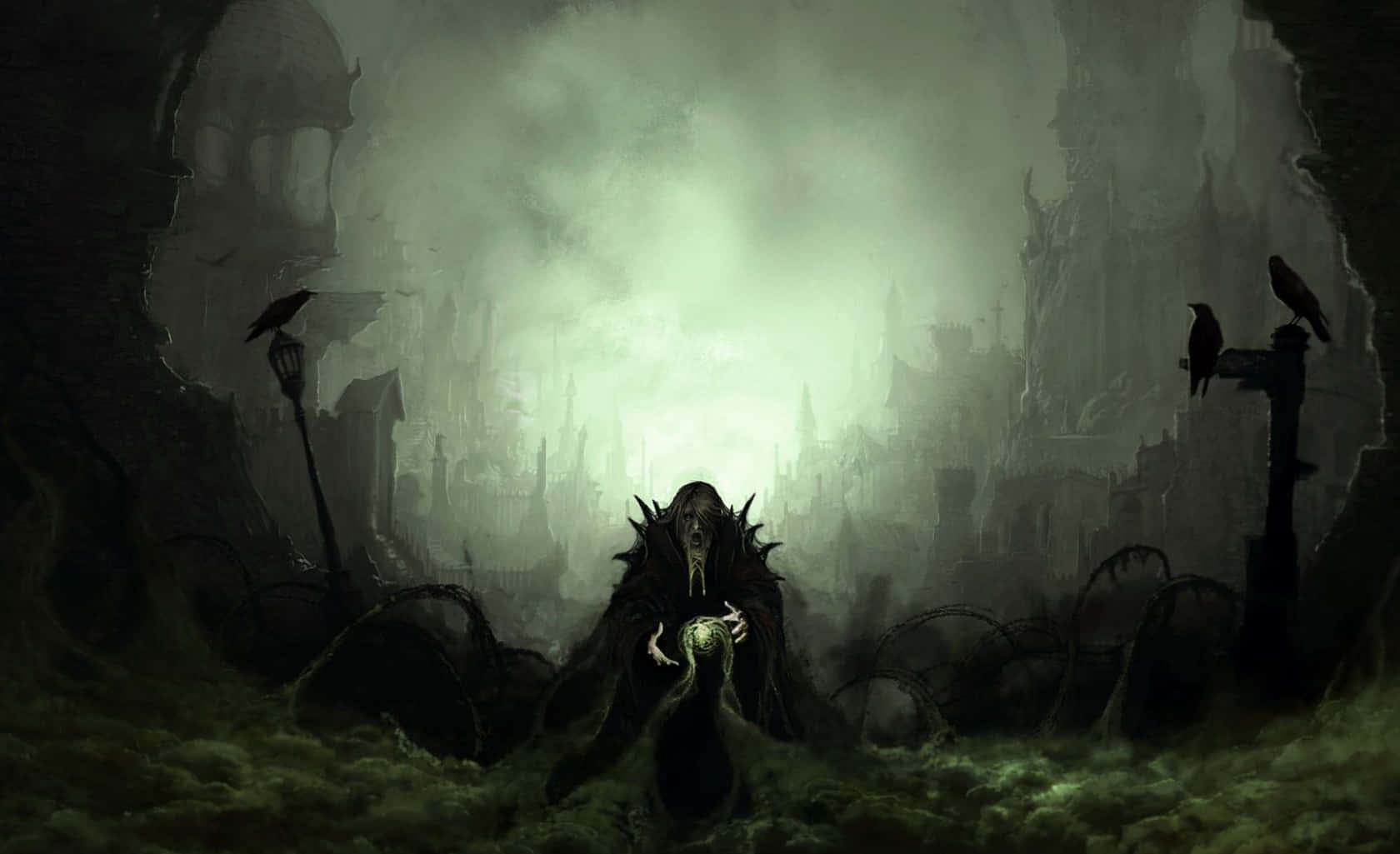 cloaked figure, glowing eyes, glowing orb, HD Desktop Wallpaper
