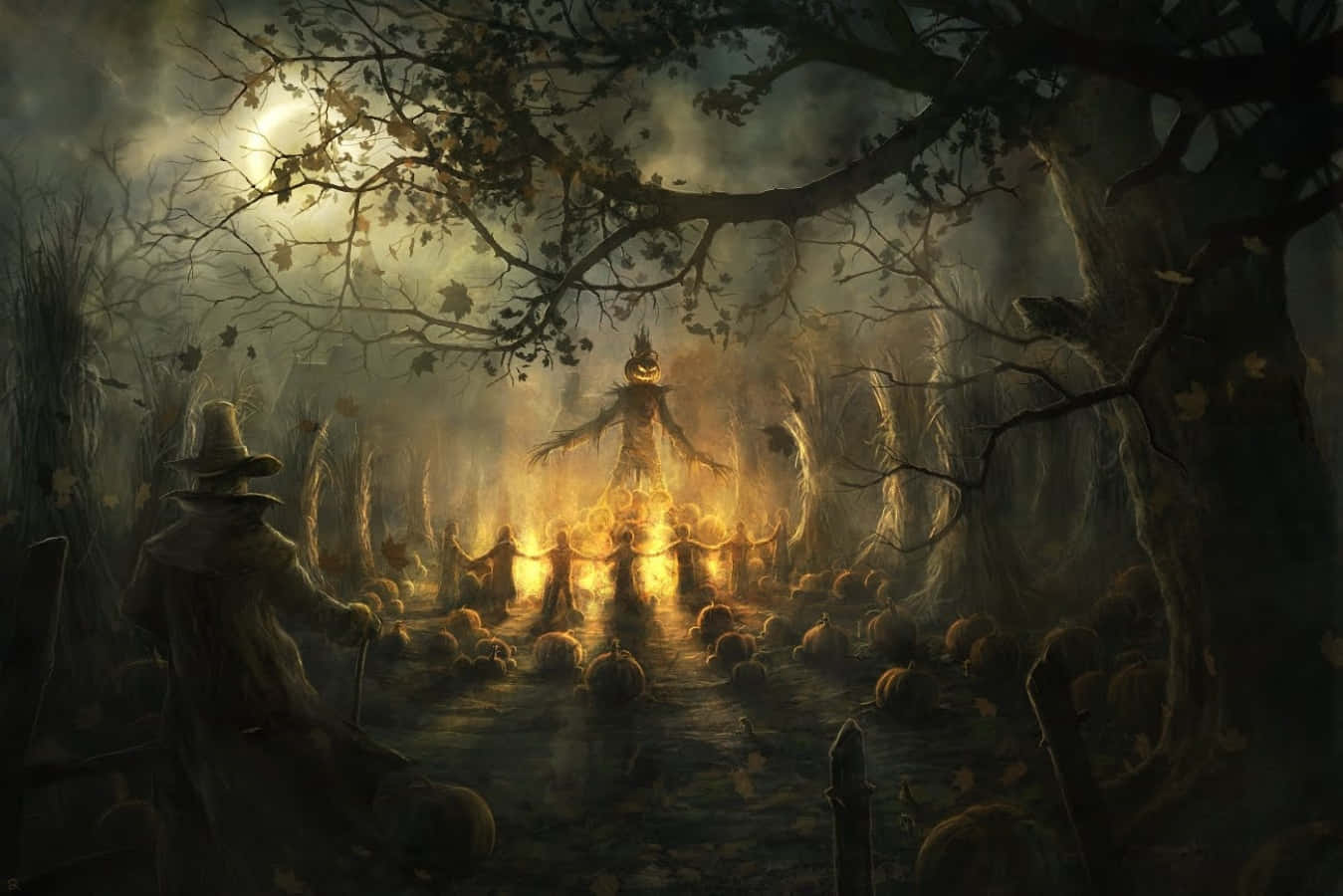 hooded figure, misty forest, glowing jack-o-lantern scarecrow, HD Desktop Wallpaper