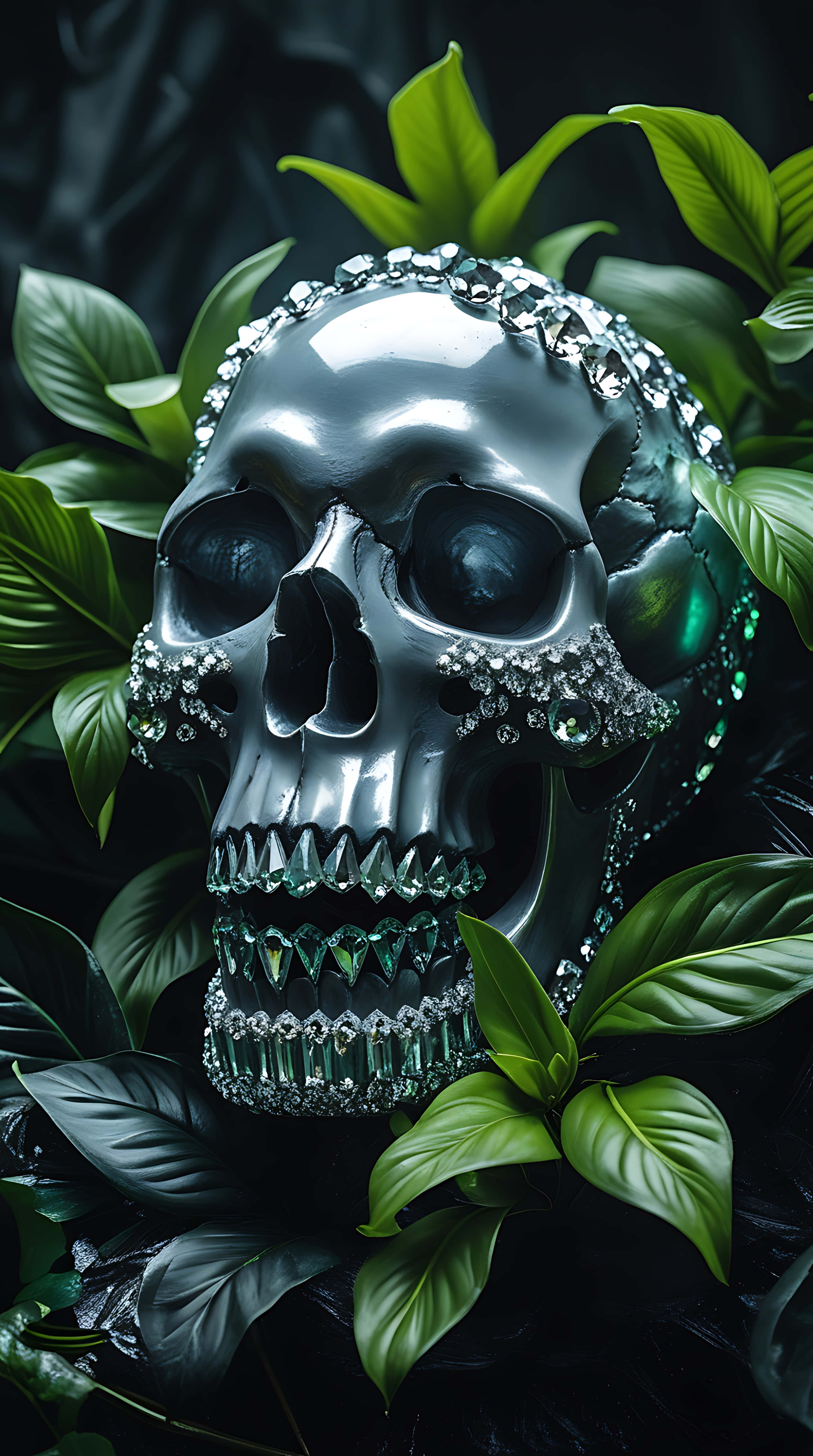 ethereal crystal skull, green foliage, chrome skull, 5K Phone Wallpaper