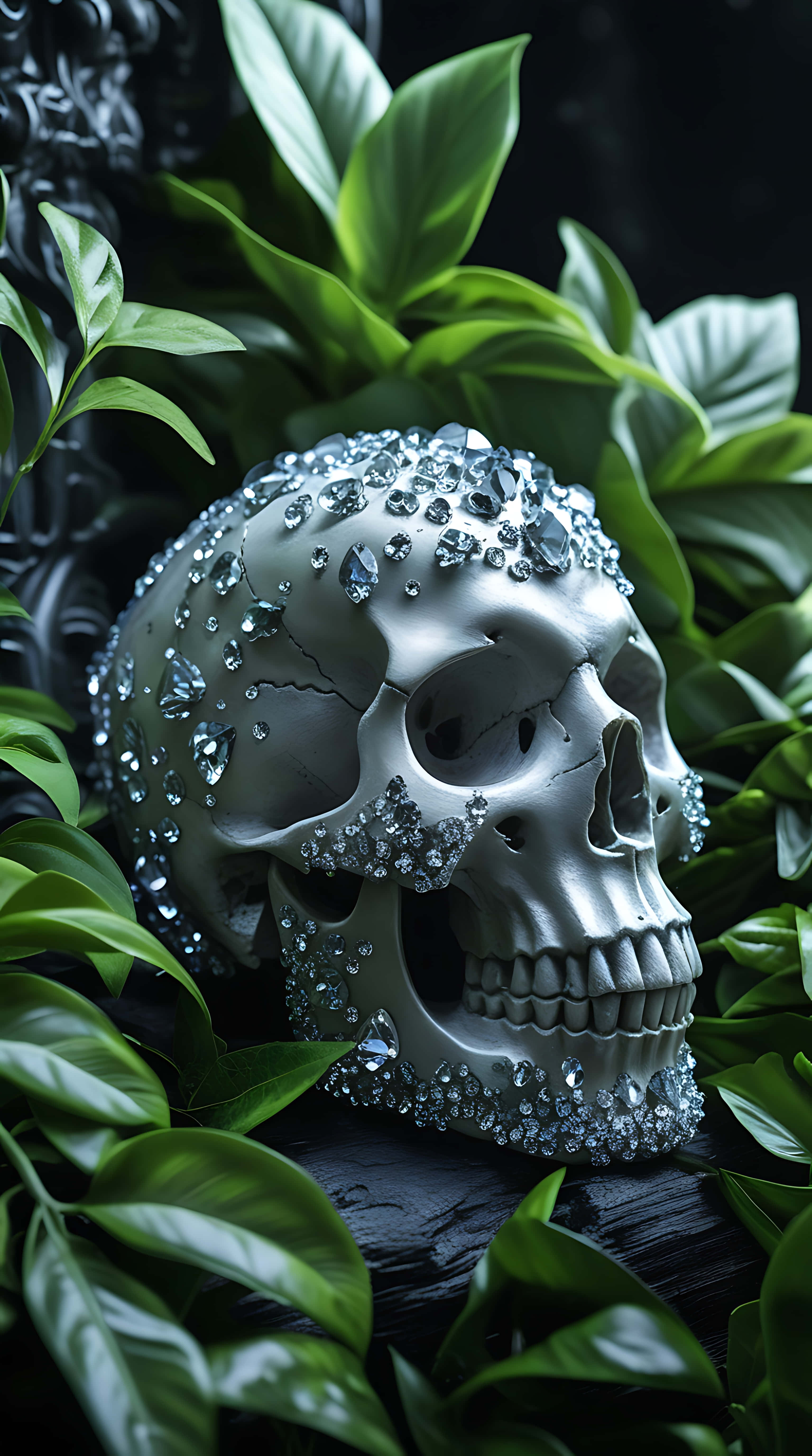 ethereal crystal skull, green foliage, silver skull, 5K Phone Wallpaper