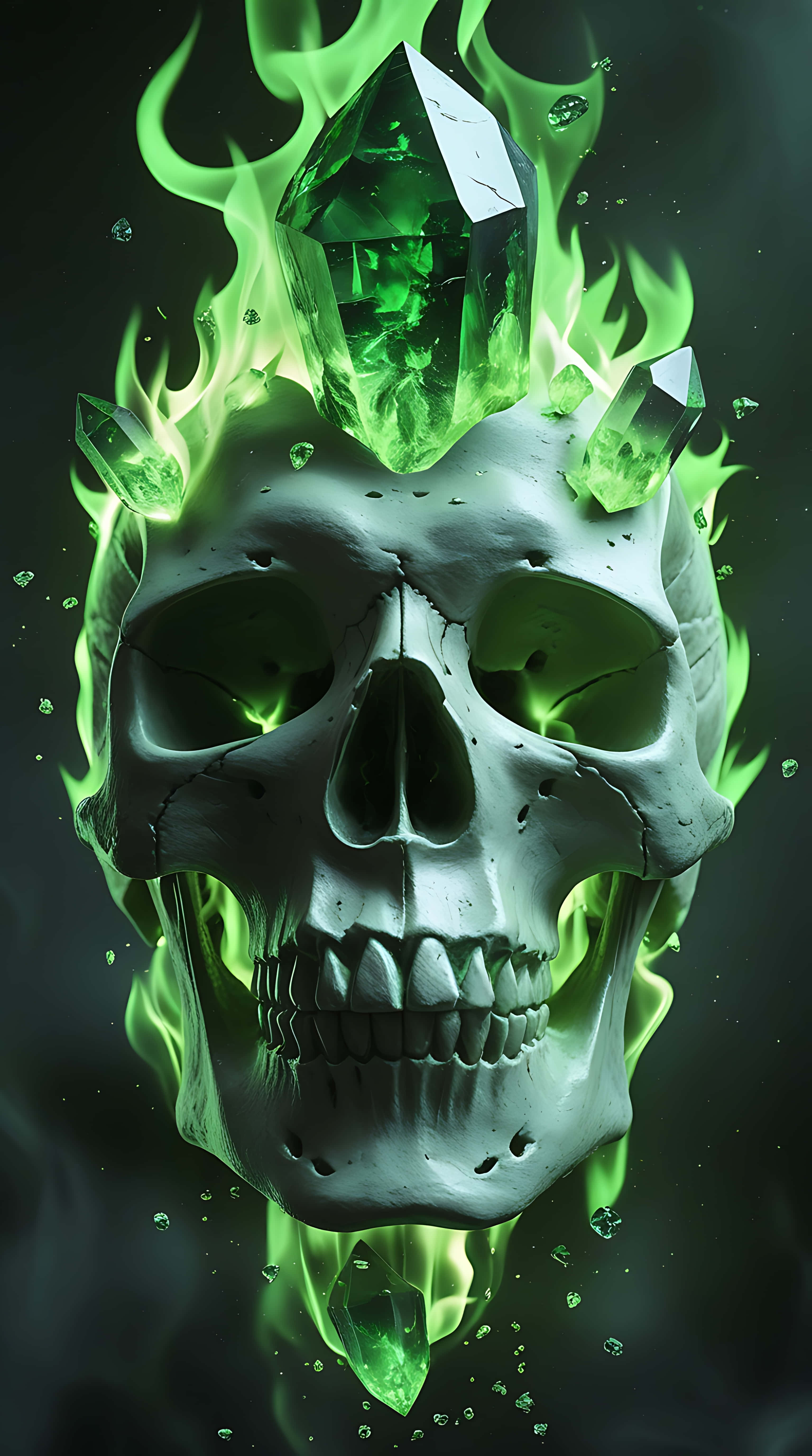mystical skull, vibrant green flames, glowing green crystals, 5K Phone Wallpaper