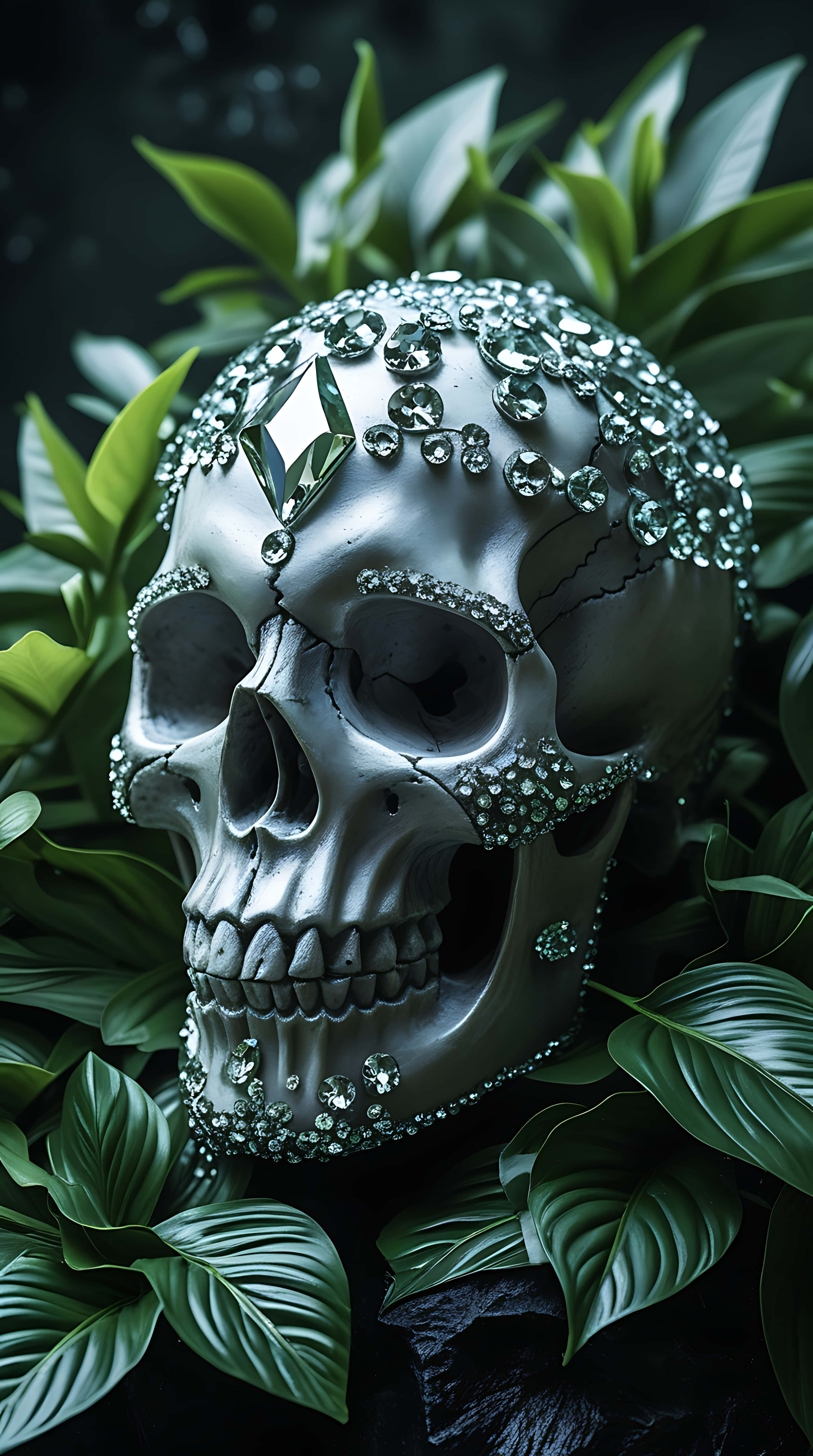ethereal crystal skull, green foliage, silver skull, 5K Phone Wallpaper
