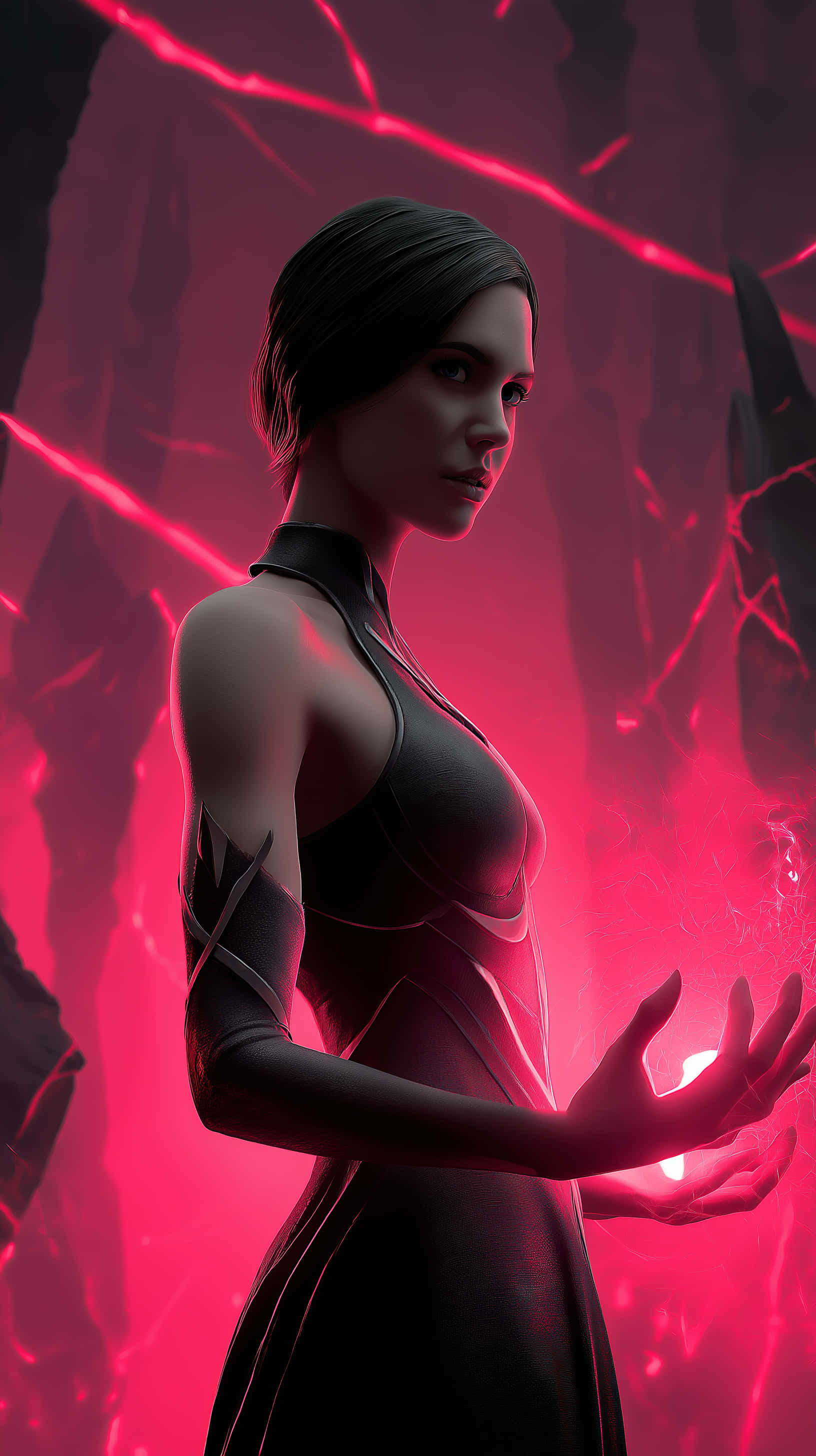 enigmatic figure, glowing orb, crackling red energy, 2K Phone Wallpaper