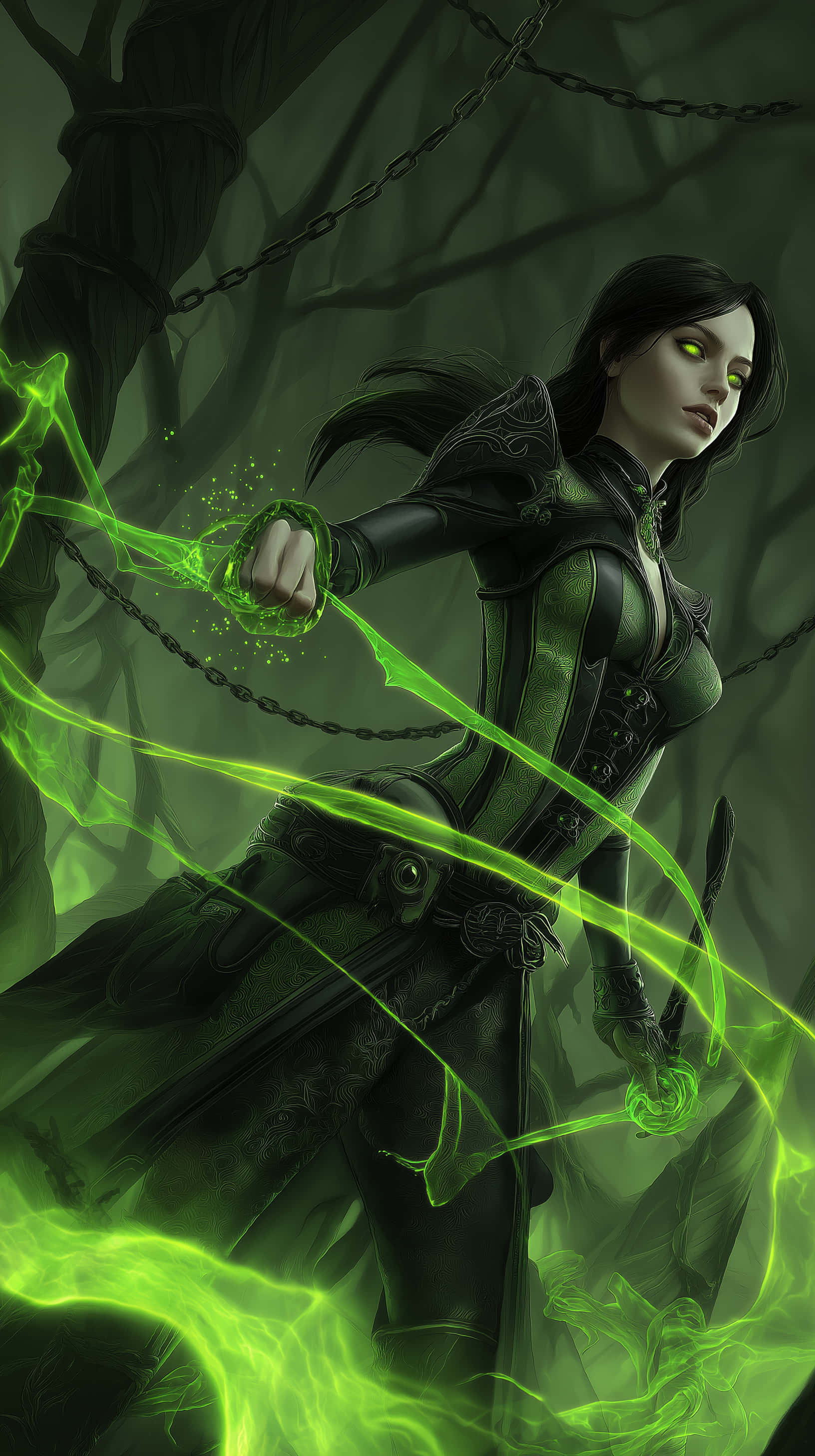 mystical sorceress, black armor, glowing green energy, 2K Phone Wallpaper
