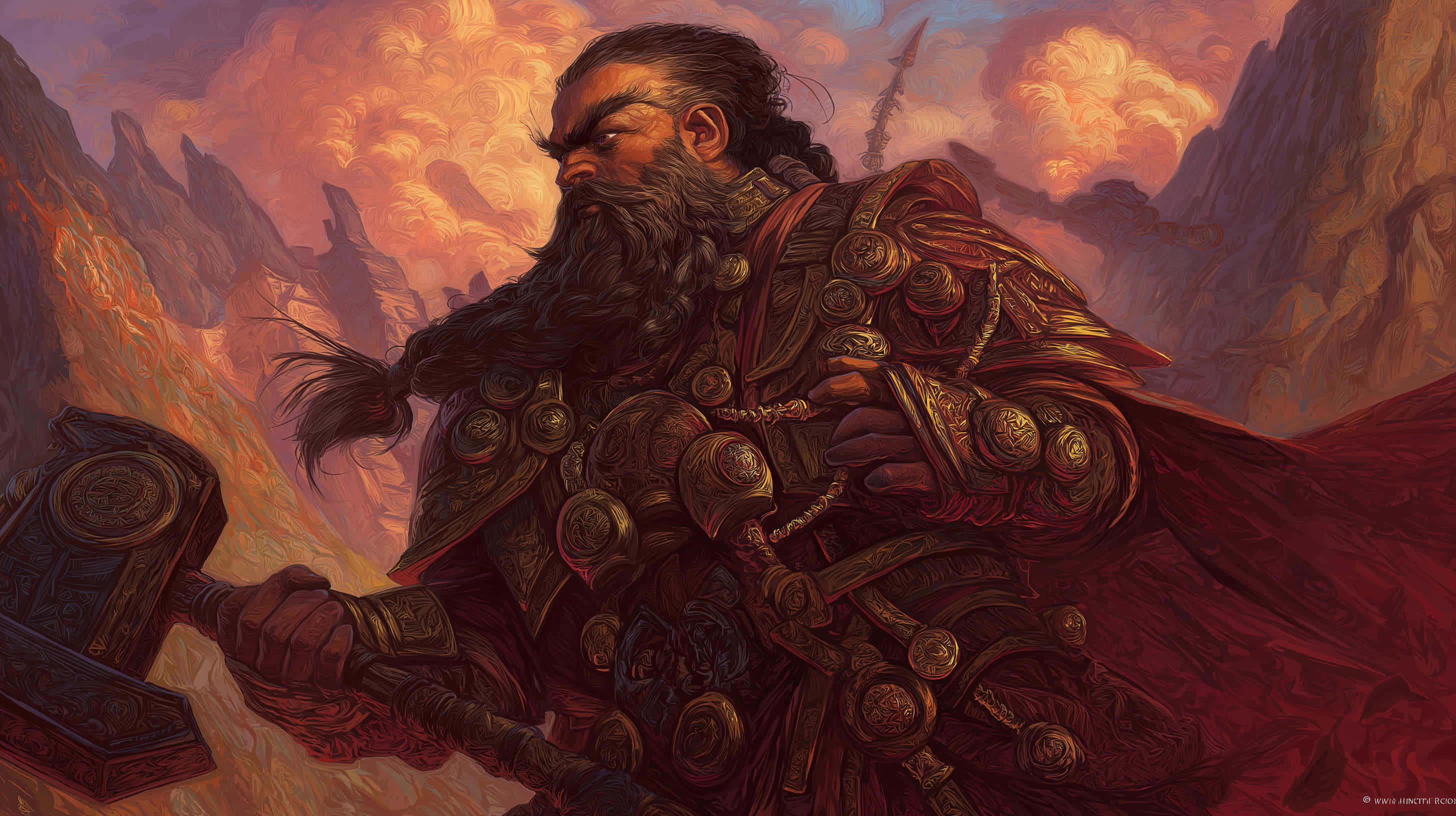grim dwarf leader, smokey battlefield, bearded warrior, 2K Desktop Wallpaper