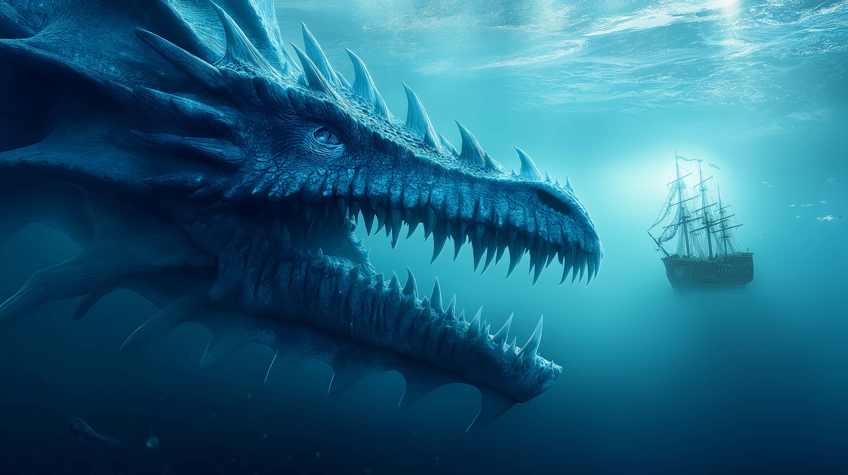 underwater dragon, colossal blue sea dragon, jagged teeth, 2K Desktop Wallpaper