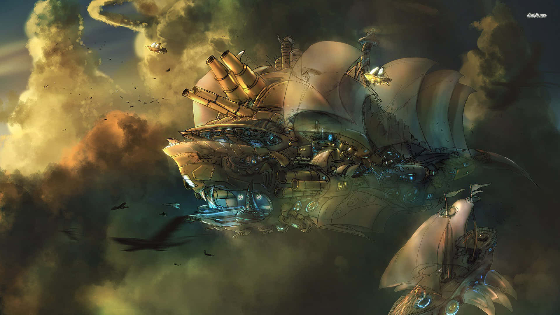steampunk airship, glowing blue engines, brass cannons, Full HD Desktop Wallpaper