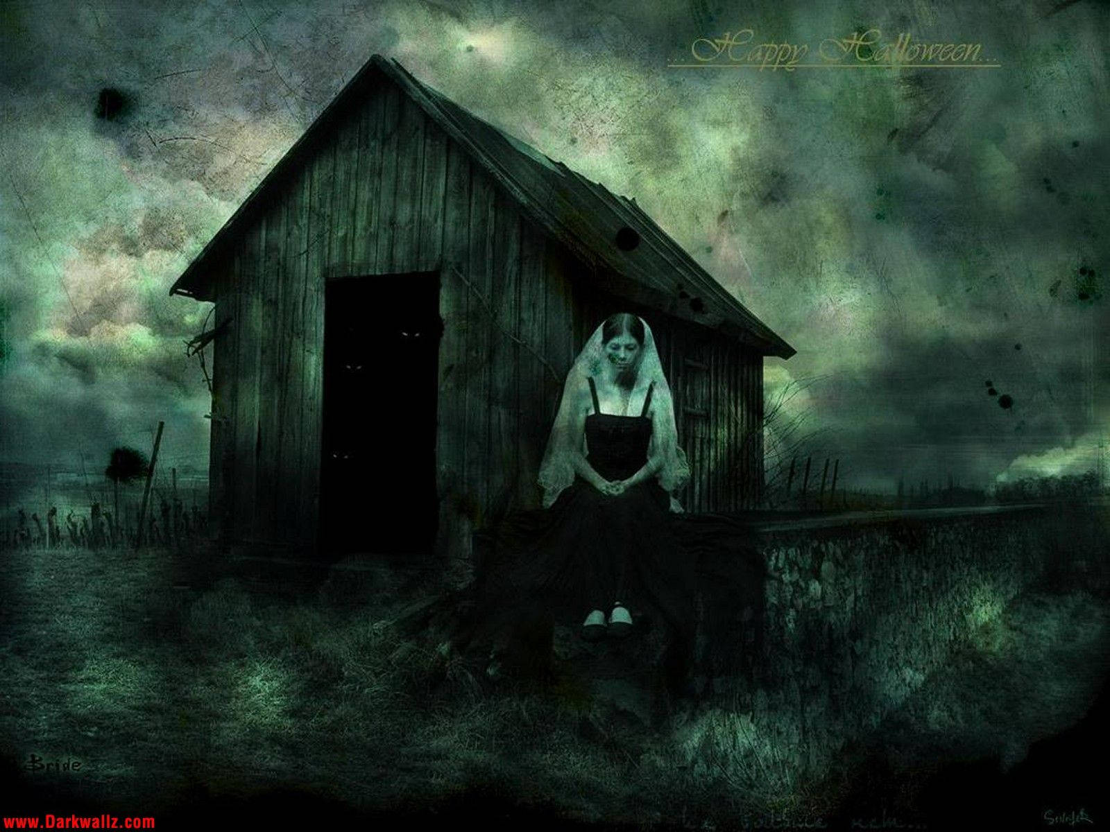 ghostly bride, white veil, decaying wooden shack, HD Desktop Wallpaper