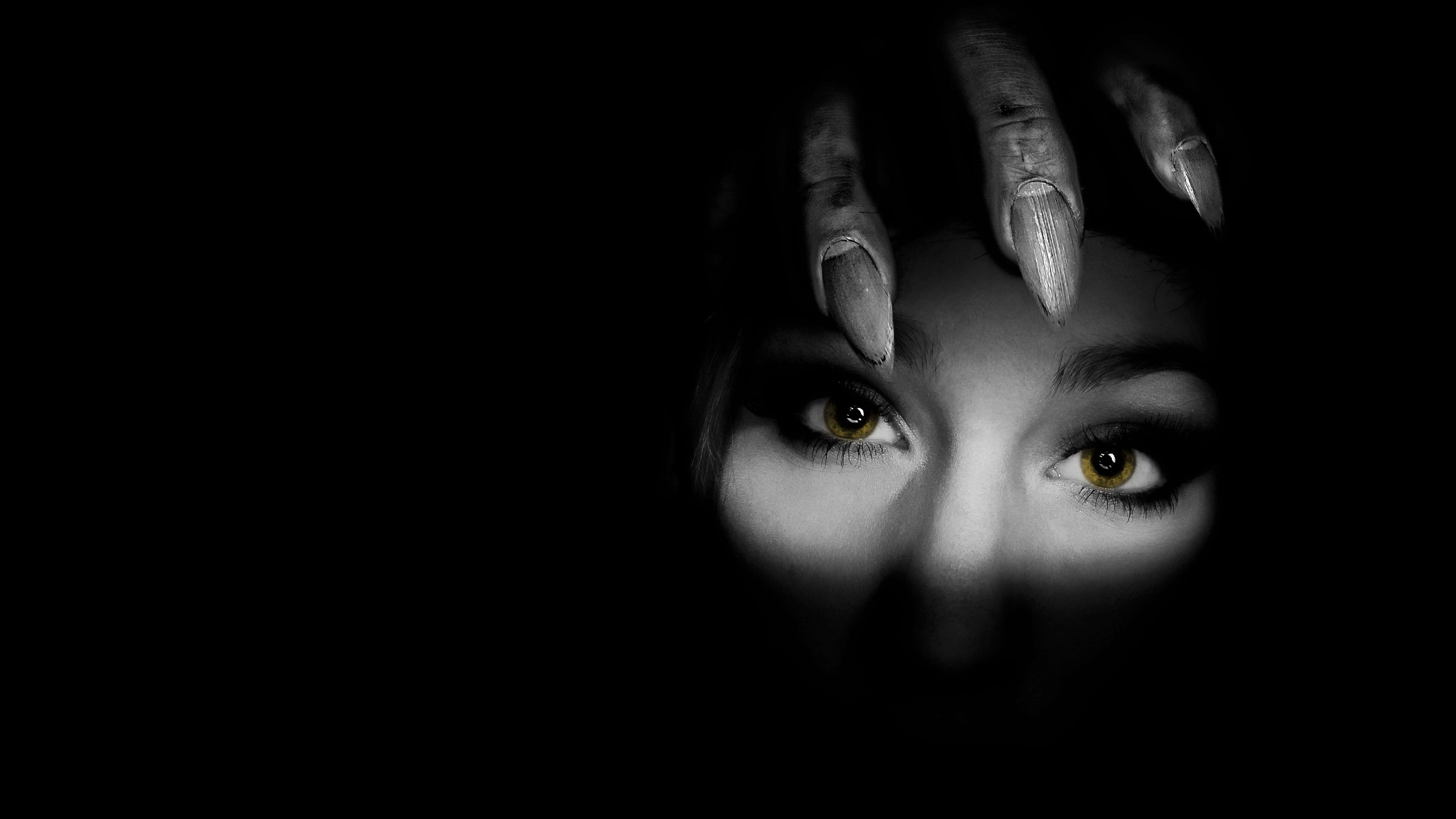Dark Fear, forest path, glowing amber eyes, 5K Desktop Wallpaper