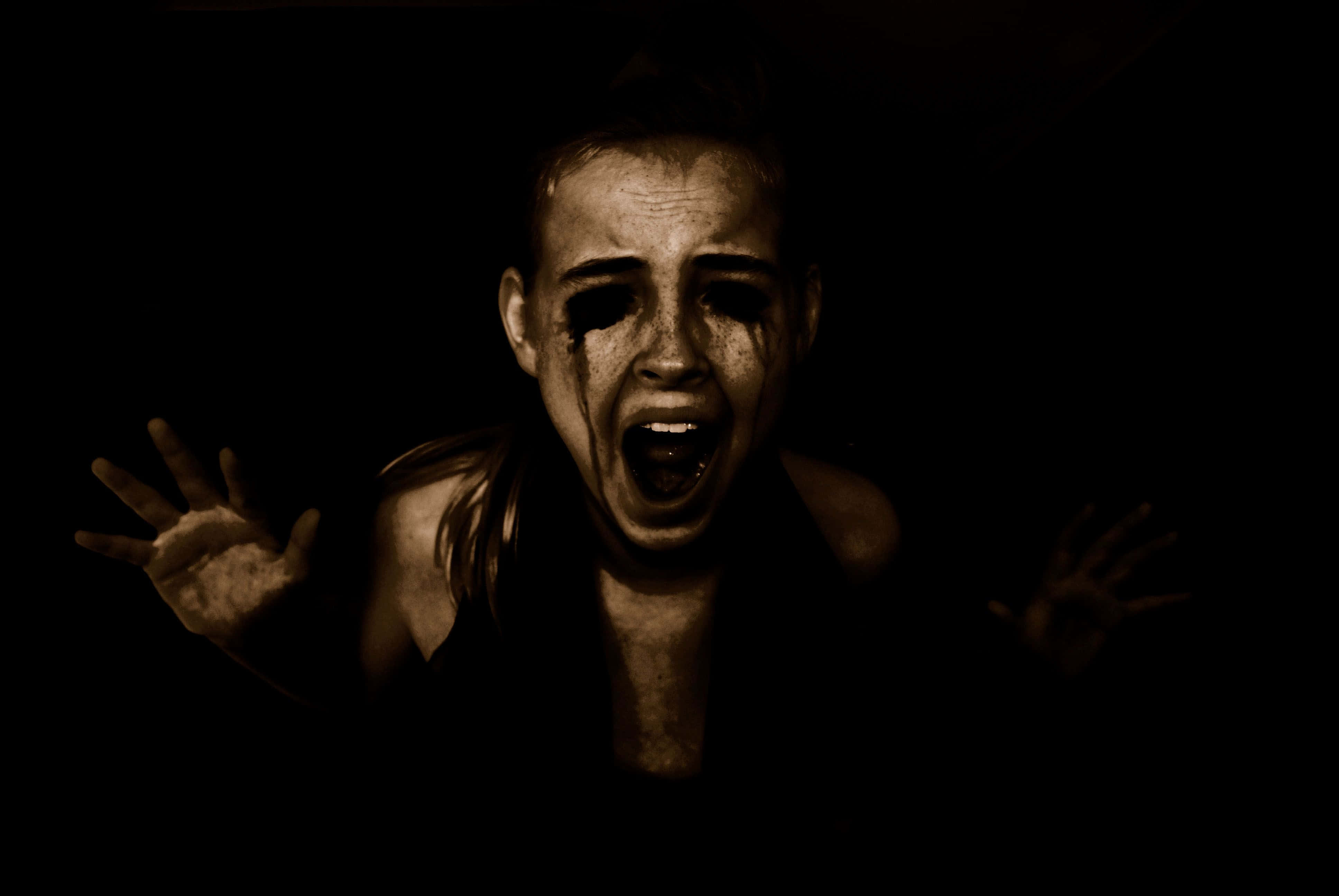 Dark Fear, pitch black background, terrified person, 4K Desktop Wallpaper