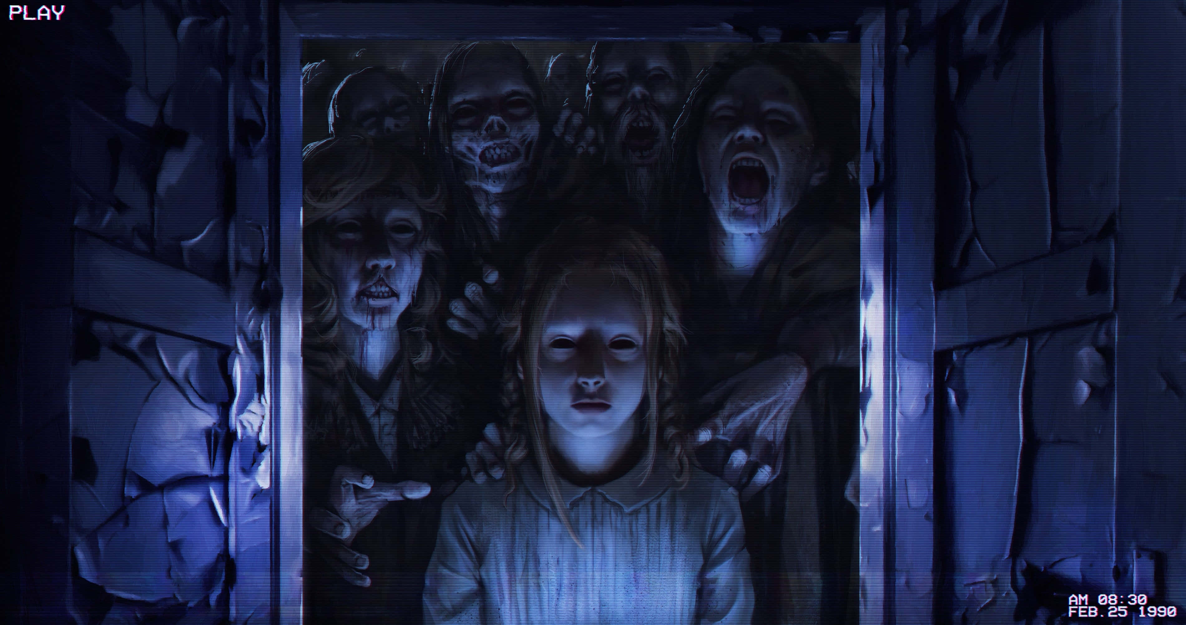 Dark Fear, pale girl, broken doorway, 2K Desktop Wallpaper