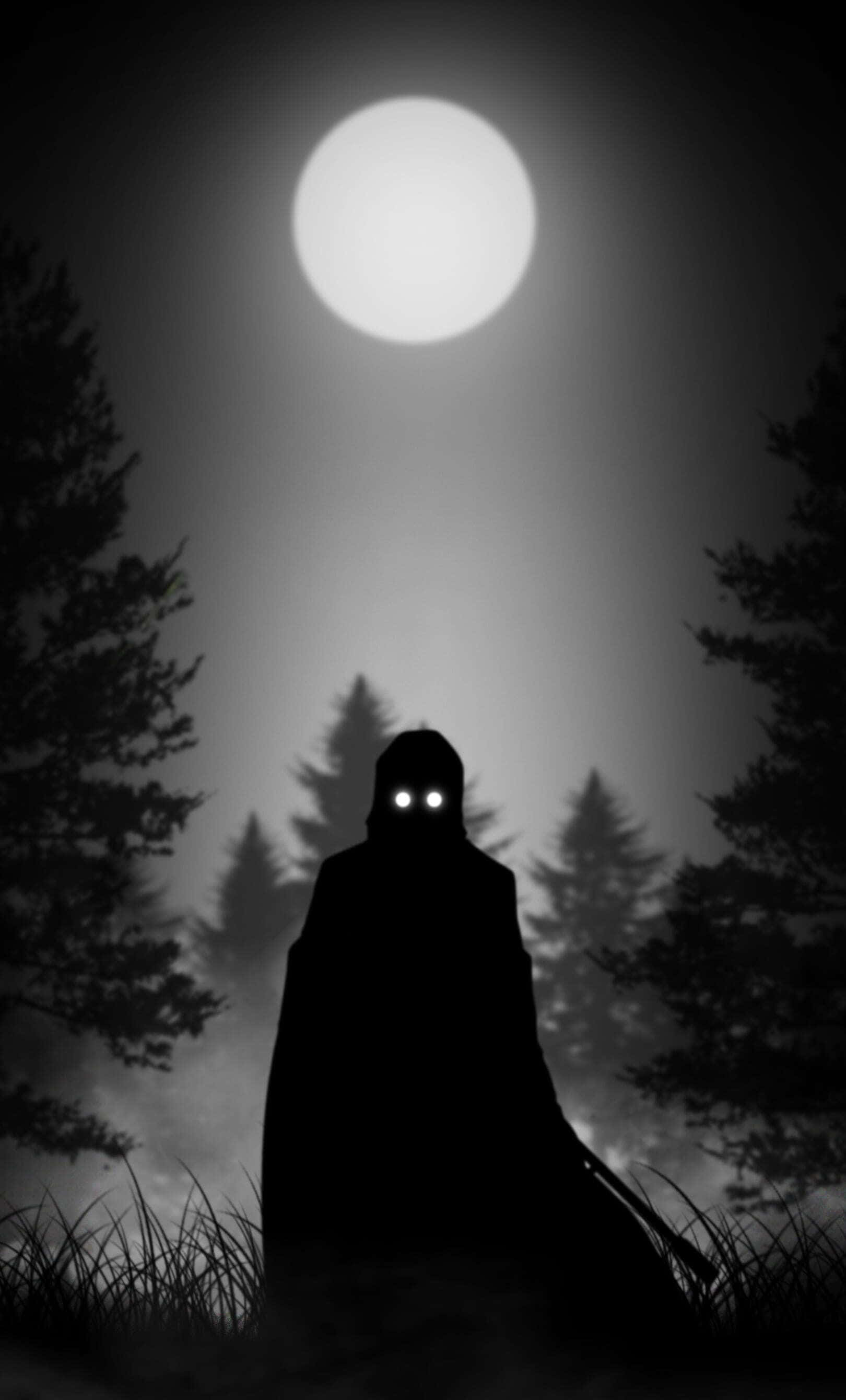 Dark Fear, hooded figure, glowing eyes, 2K Phone Wallpaper